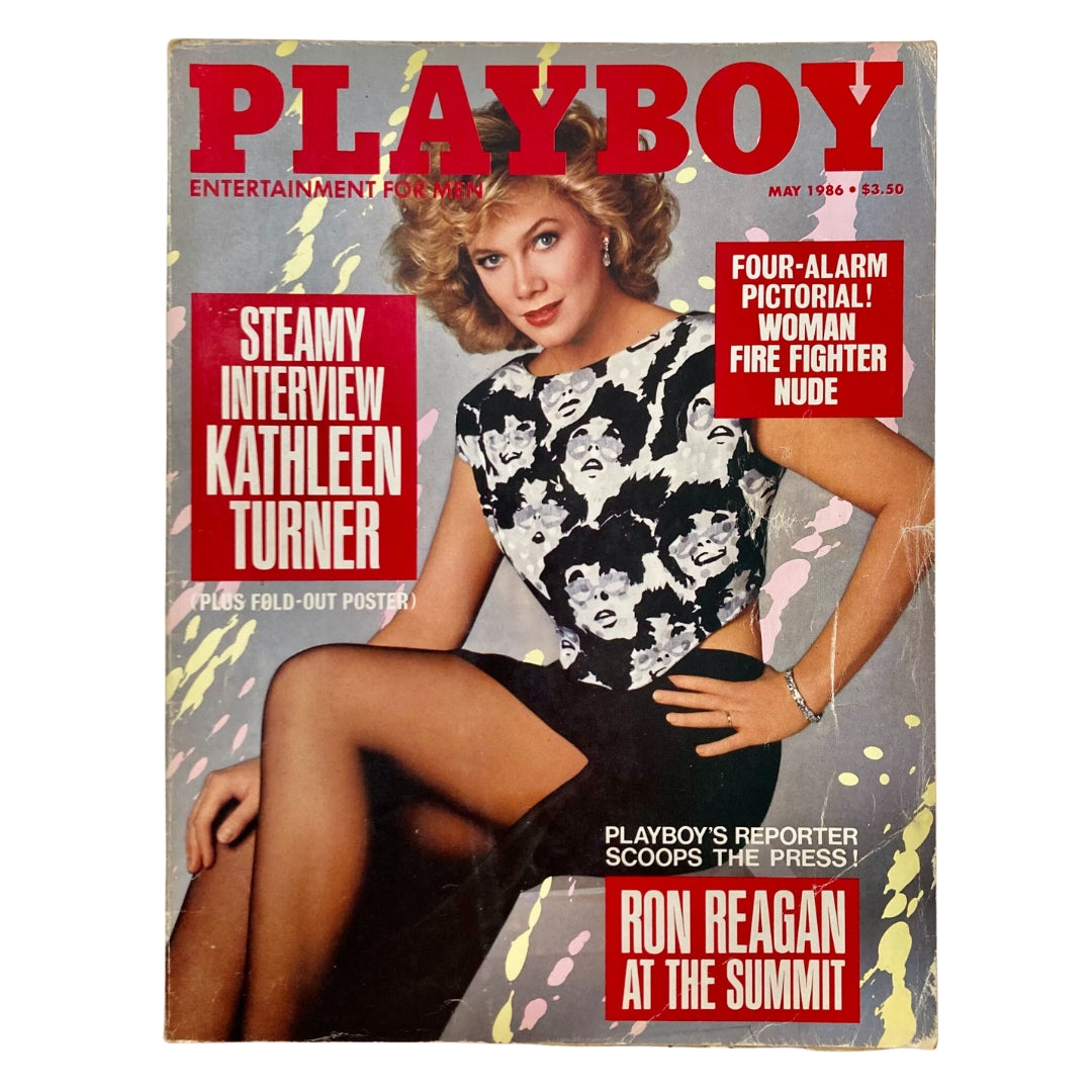 VTG Playboy Magazine May 1986 featuring Kathleen Turner on the cover, highlighted with bold graphics and text, showcasing the iconic design of the era.