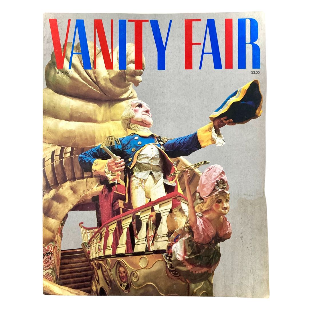 Cover of the VTG Vanity Fair Magazine July 1983 featuring a striking illustration by Red Grooms, depicting a puppet-like George Washington in a colorful costume, raising a hat, showcasing creativity and artistic flair.