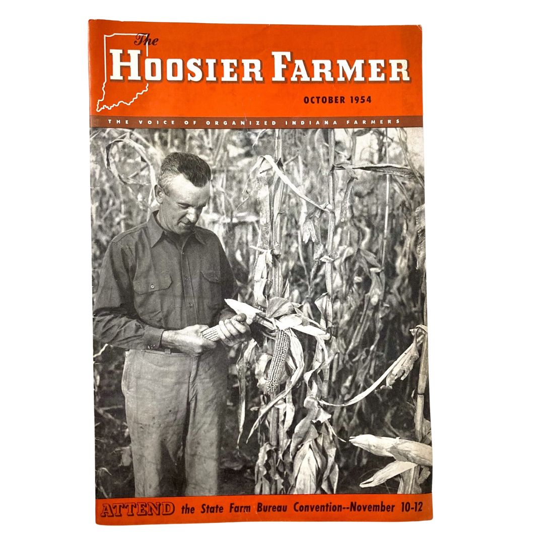 Cover of the October 1954 edition of The Hoosier Farmer Magazine, featuring a farmer working in cornfields, representing the agricultural lifestyle of Indiana.