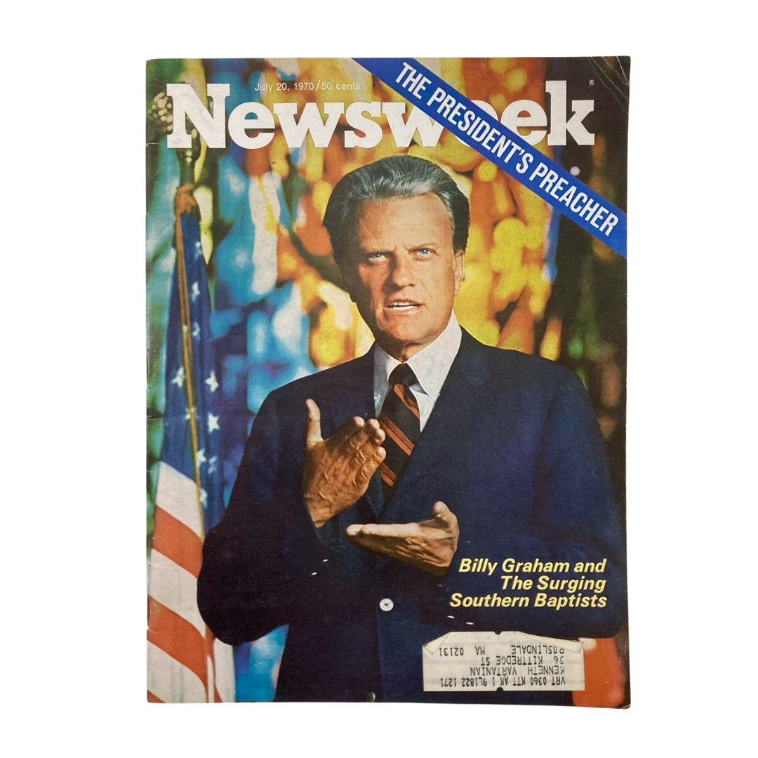 Cover of VTG Newsweek Magazine from July 20, 1970, featuring Billy Graham and the Surging Southern Baptists, with a colorful background and American flag.