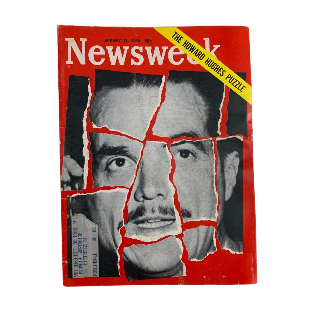 Cover of VTG Newsweek Magazine January 15, 1968, featuring the article 'The Howard Hughes Puzzle' with a visual of Howard Hughes, notable for its torn design.