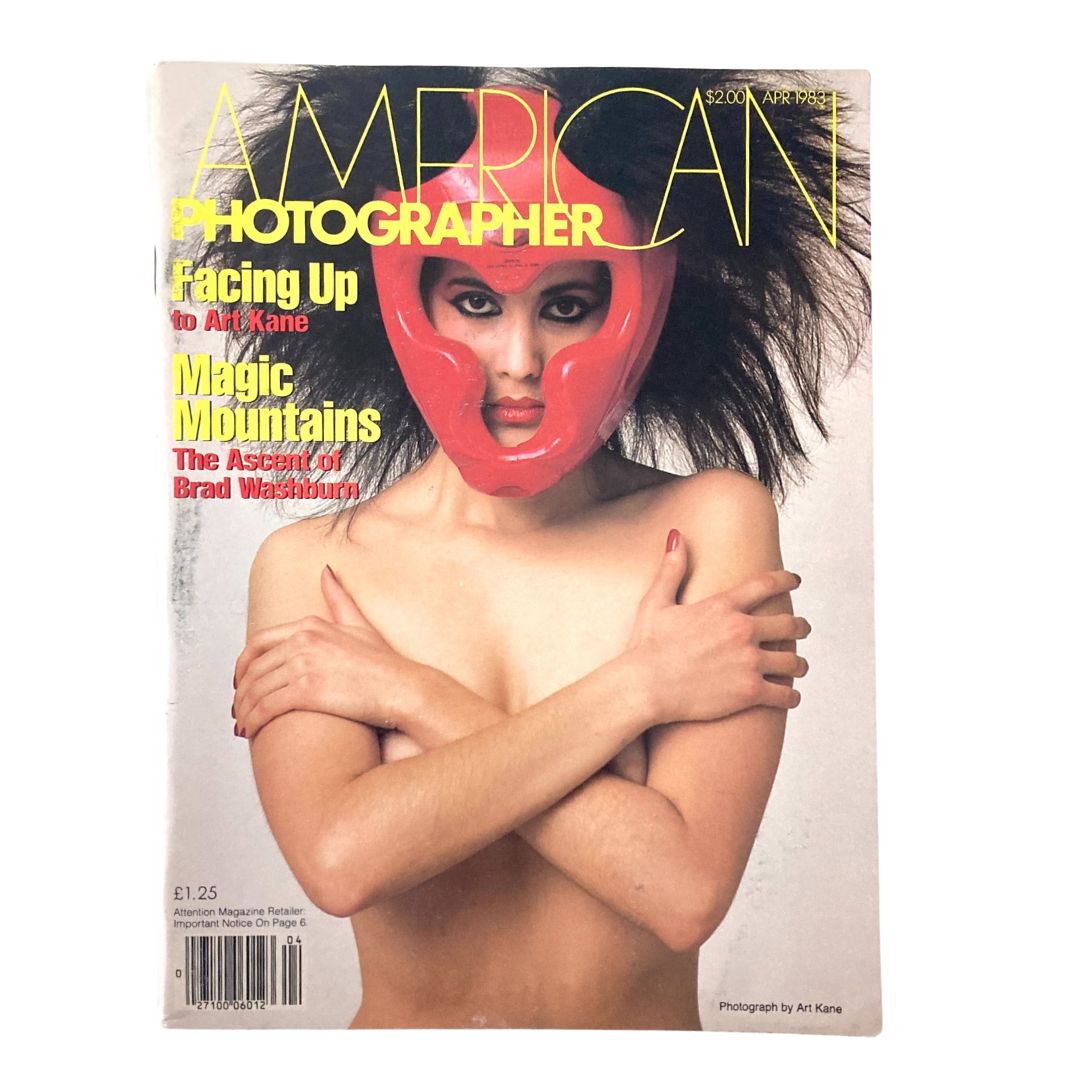 American Photographer Magazine April 1983 cover featuring model Sylvia Platt, styled with a red mask and striking hair, showcasing photography and fashion trends of the early 80s.