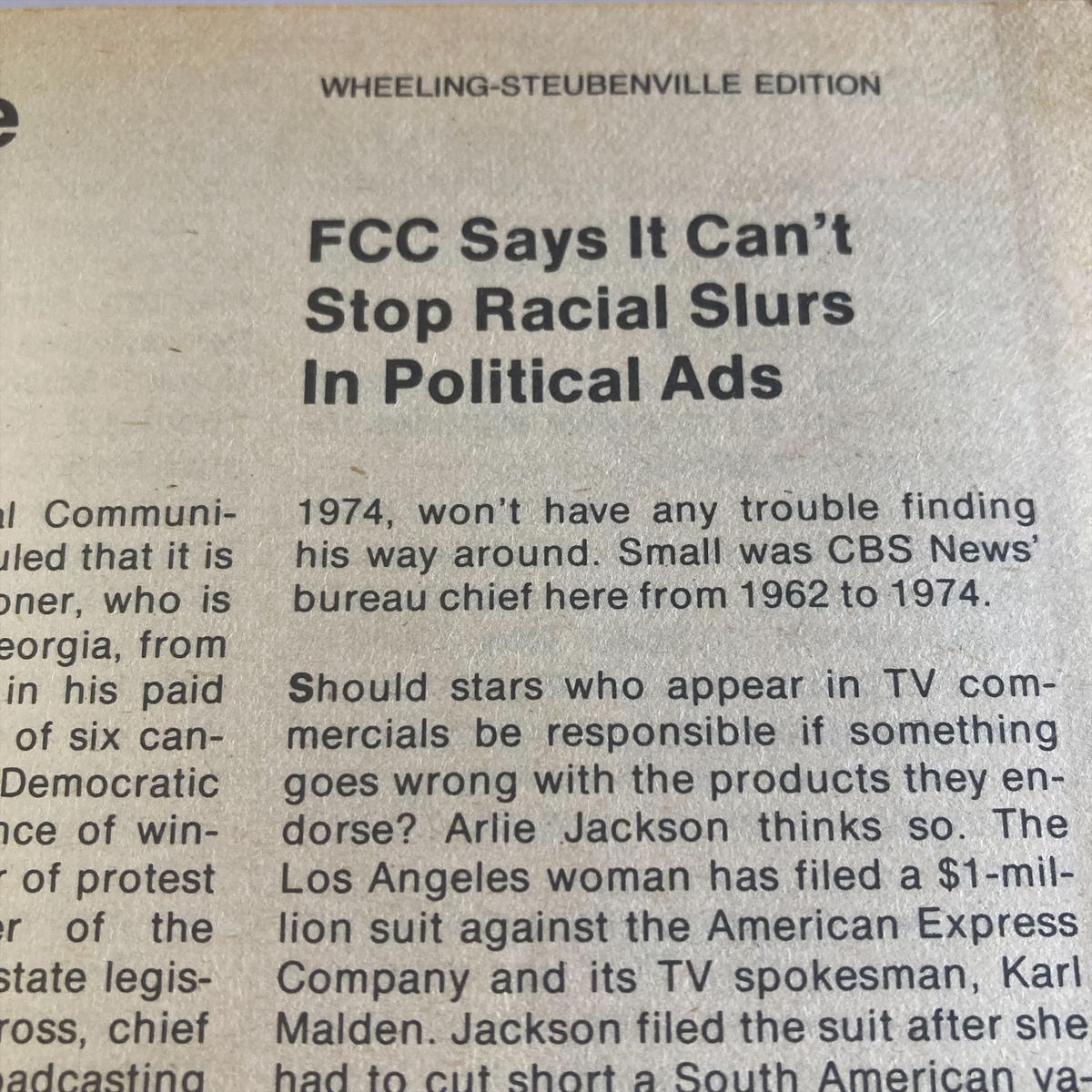 Editorial page from TV Guide Magazine August 12 1978 with an article headline 'FCC Says It Can’t Stop Racial Slurs In Political Ads.' Focused on the Wheeling-Steubenville edition and its discussions on media responsibility.