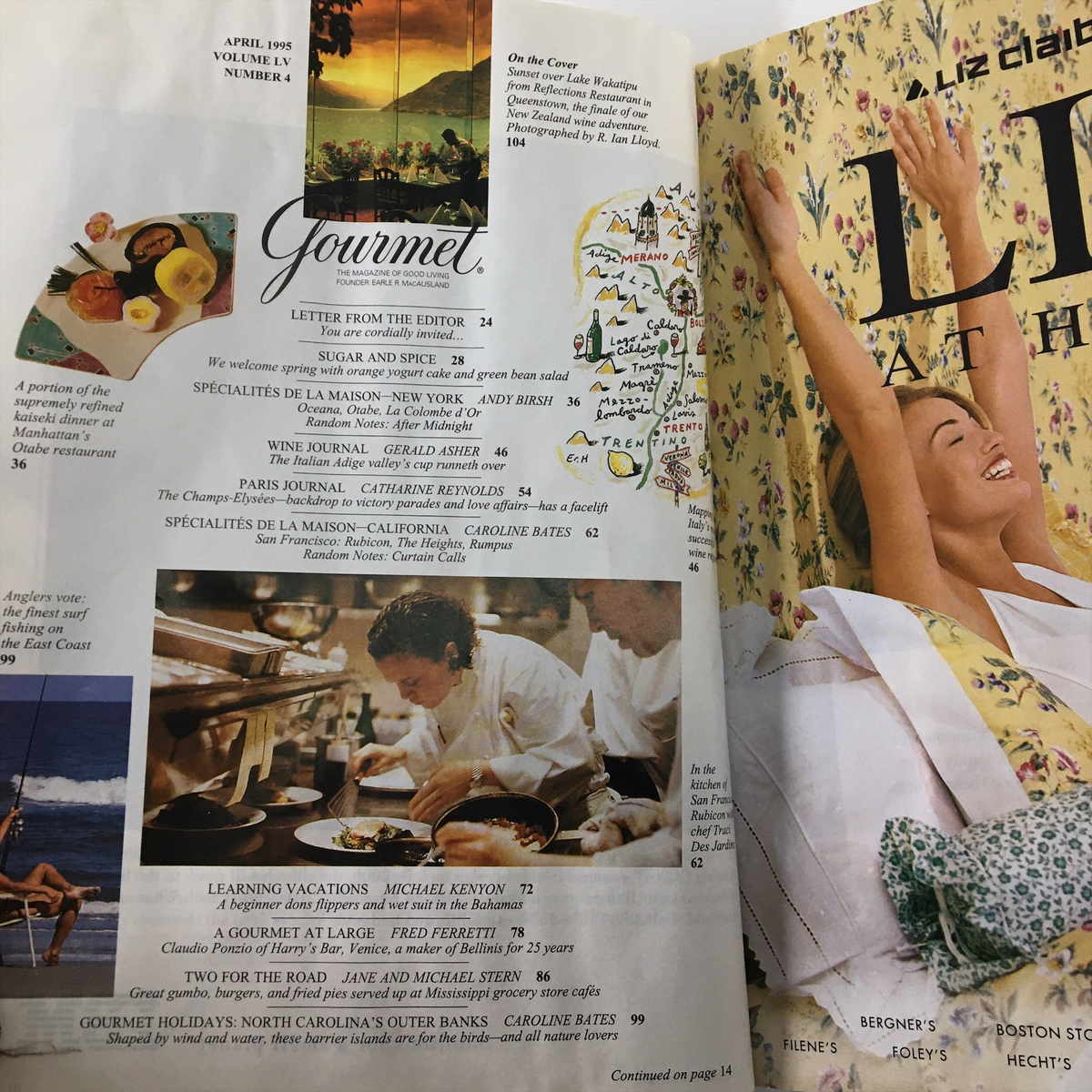 Inside pages of Gourmet Magazine April 1995 displaying articles and images, including a chef working in the kitchen, and an introduction about the sunset over Lake Wakatipu.