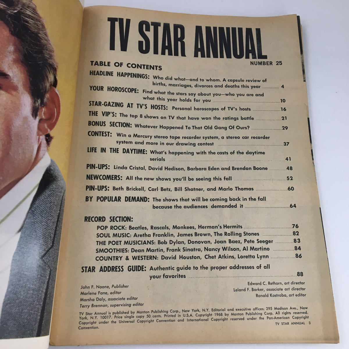 Inside page of the TV Star Annual Magazine 1968 No. 25, displaying the table of contents, highlighting sections on horoscopes, TV shows, and featured stars.
