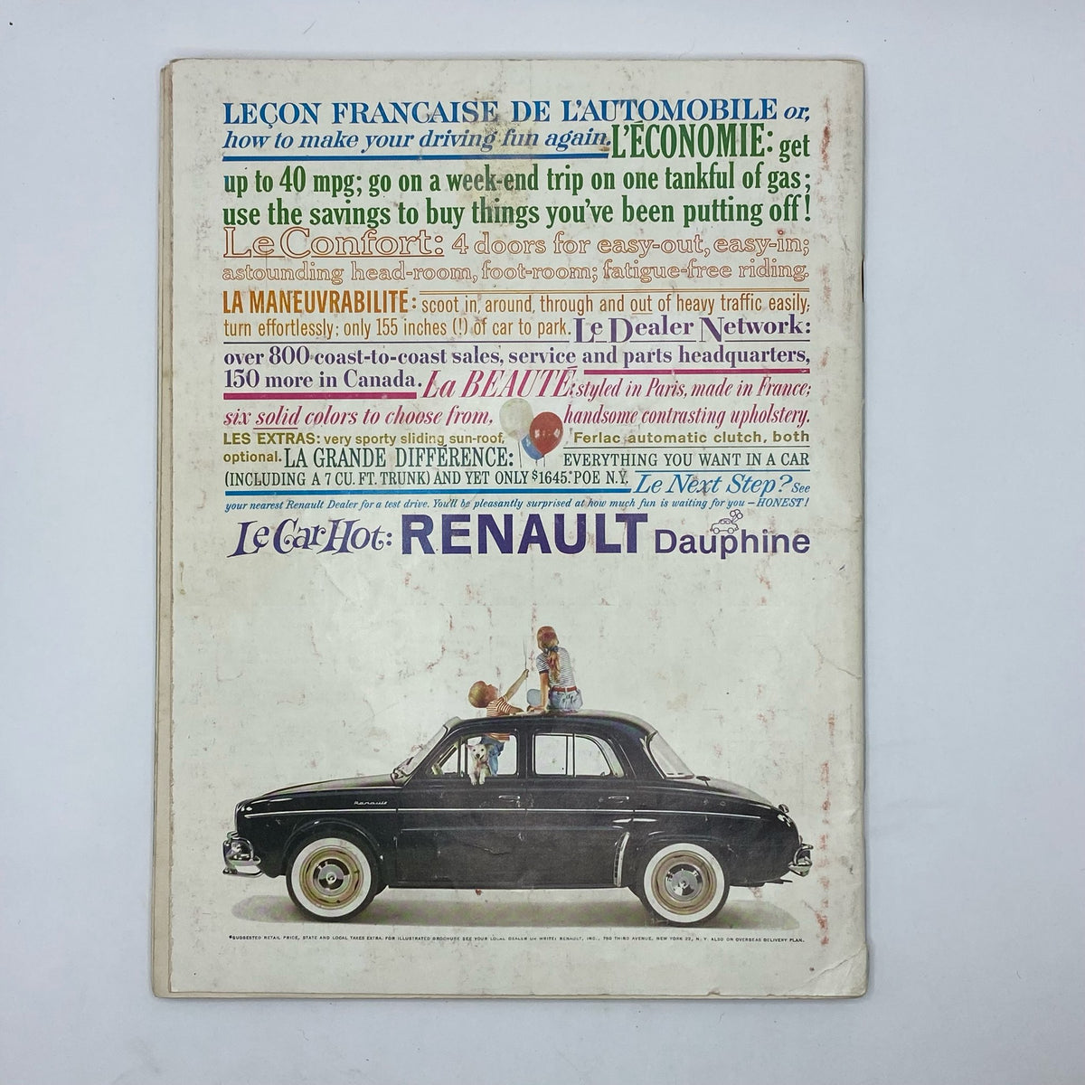 Playboy Magazine July 1959 featuring Playmate Yvette Vickers with an emphasis on vintage allure, accompanied by a classic advertisement for the Renault Dauphine car on the back cover.
