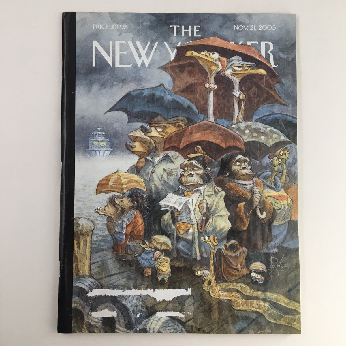 The New Yorker Full Magazine November 21, 2005 featuring the cover art 'Two by Two' by Peter de Sève, showcasing whimsical animal characters with umbrellas at a dock.