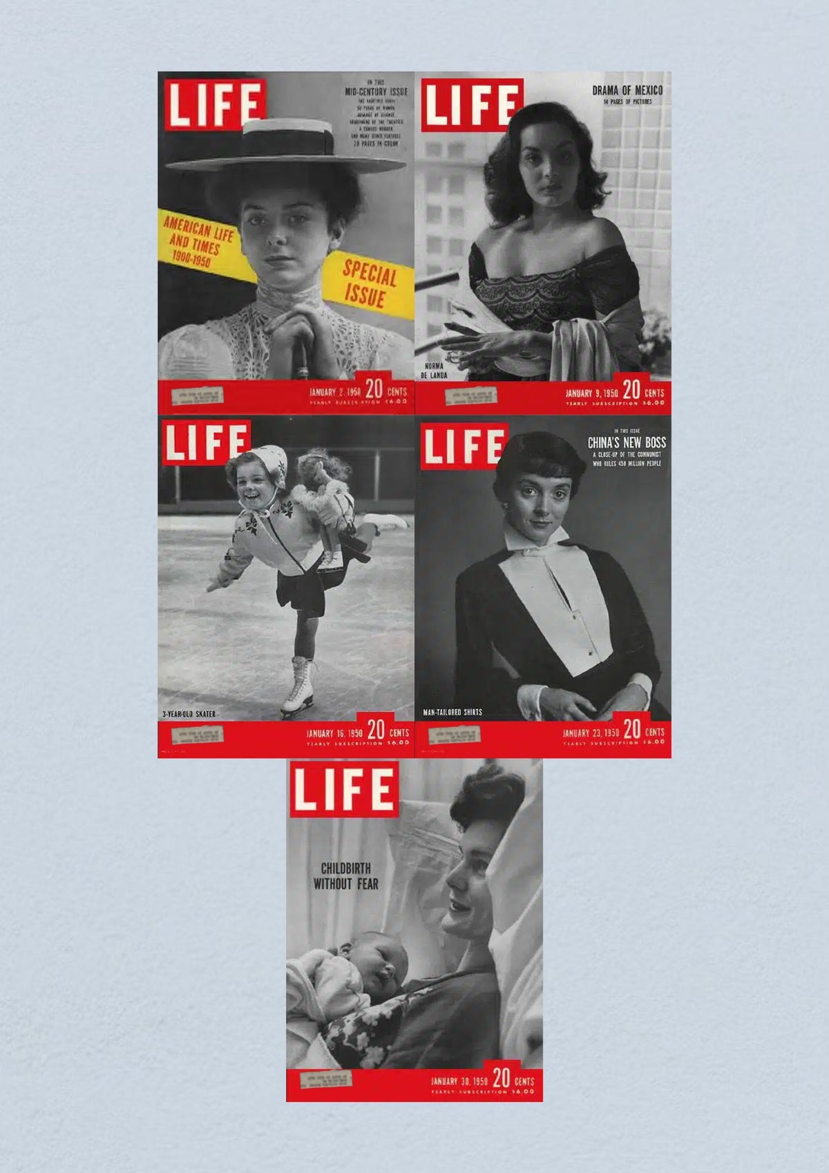 Life Magazine Lot of 5 Full Month January 1950 featuring covers from issues dated January 2, 9, 16, 23, and 30 showcasing American culture and history.