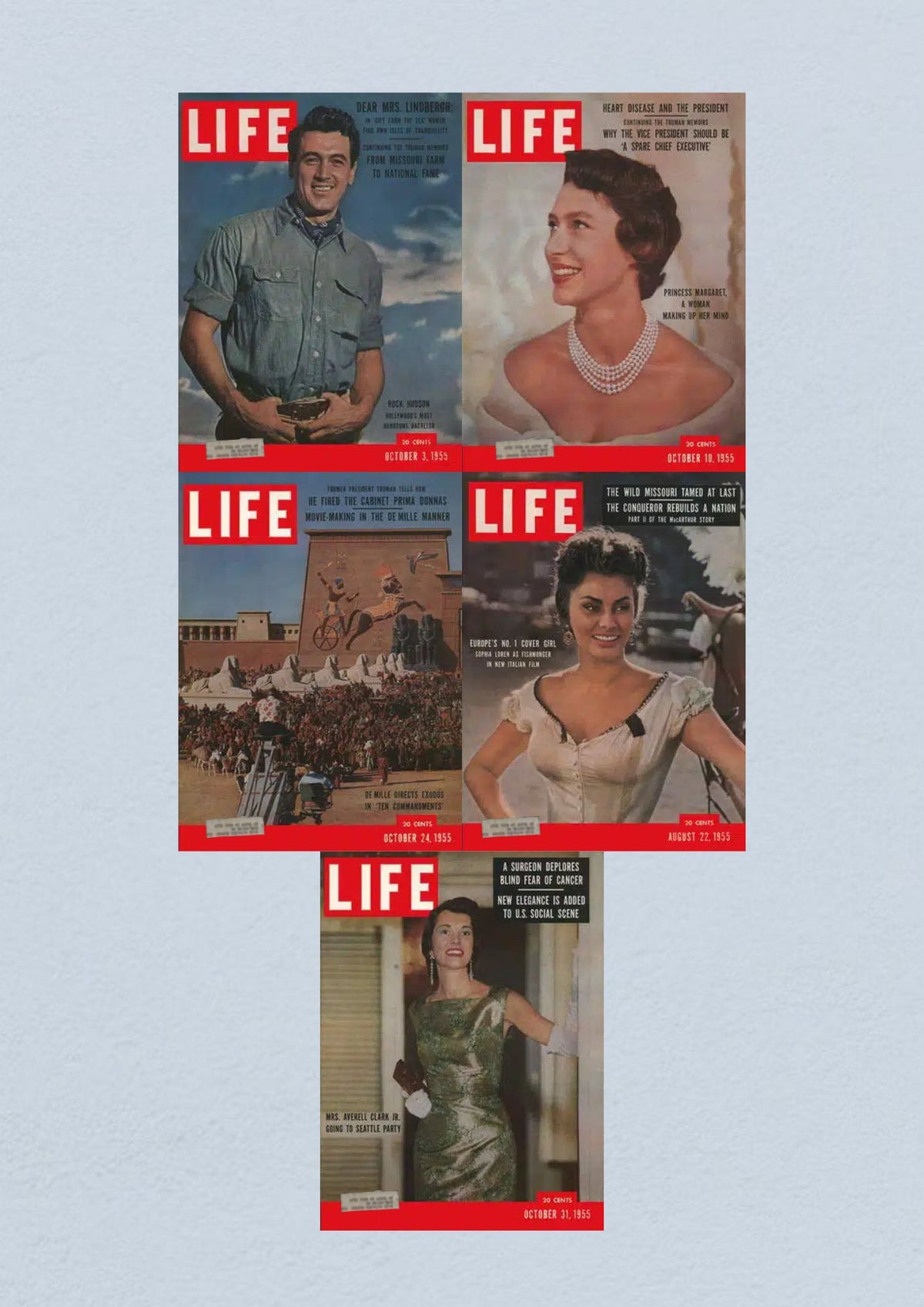Life Magazine Lot of 5 Full Month October 1955 – Cover of October 31, highlighting a stylish woman in green dressed for a Seattle party.