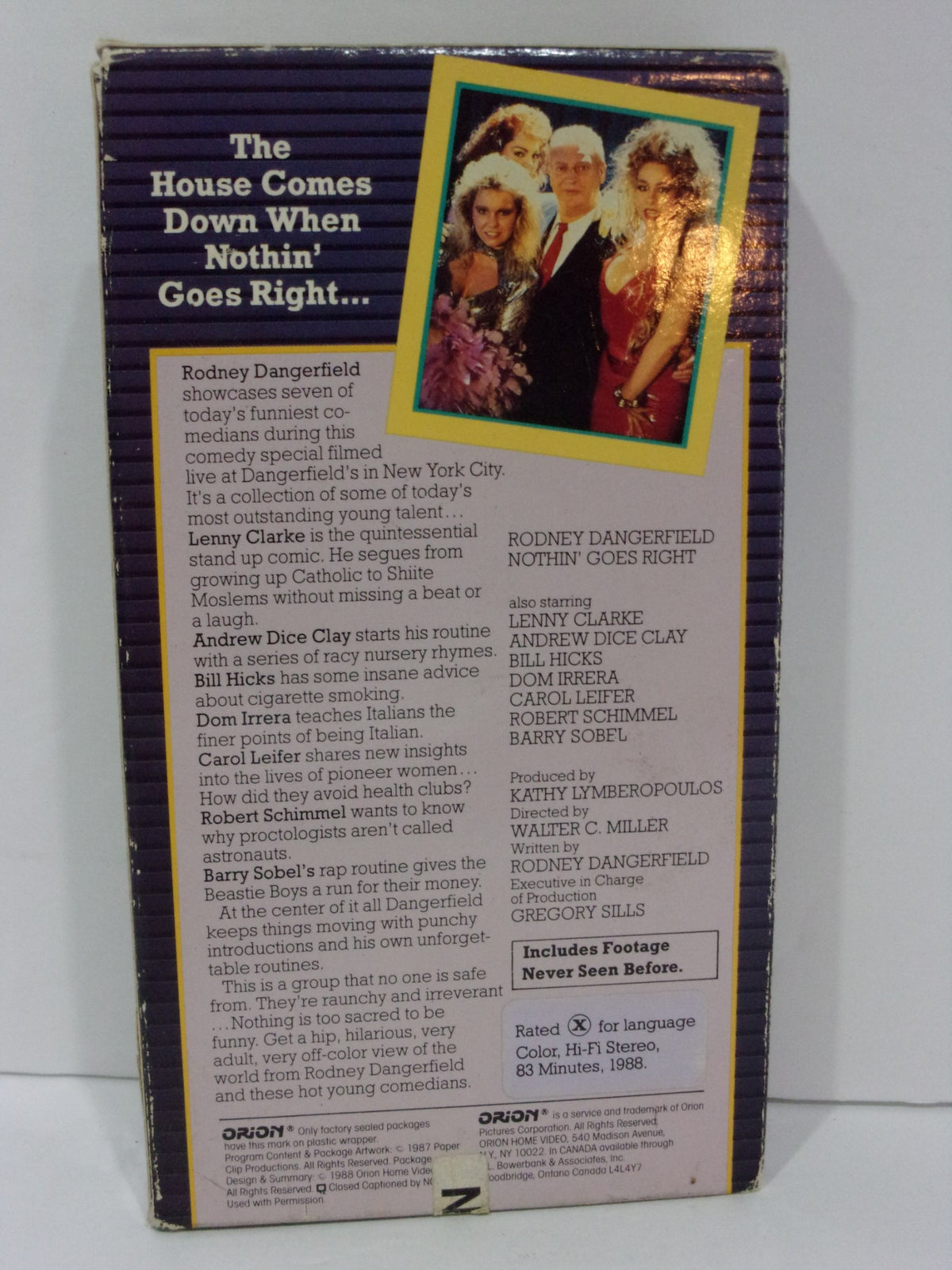 Back cover of the Nothin' Goes Right Rodney Dangerfield VHS showcasing synopsis and cast details.