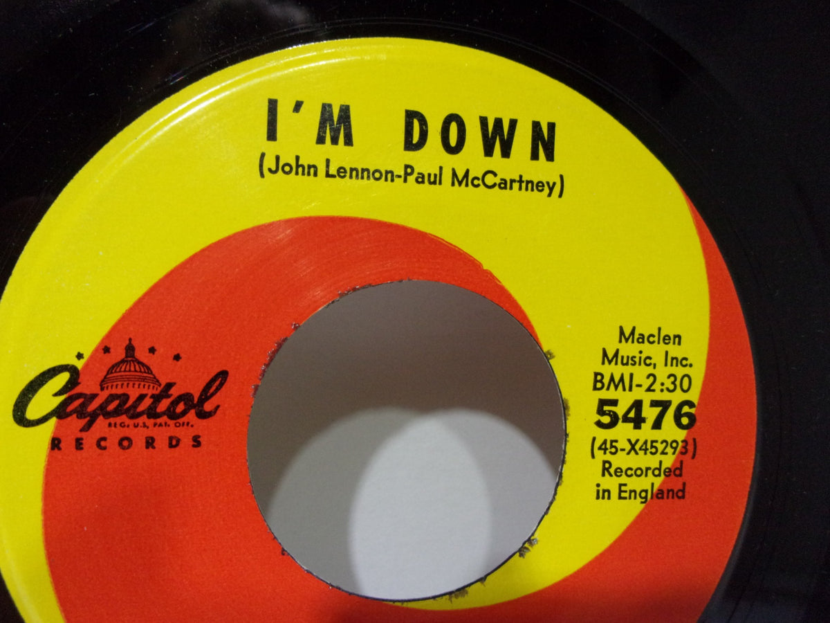 The Beatles: Help! / I’m Down Capitol Records 5476 Single 7" 45RPM vinyl record label featuring the song 'I'M DOWN' by John Lennon-Paul McCartney.