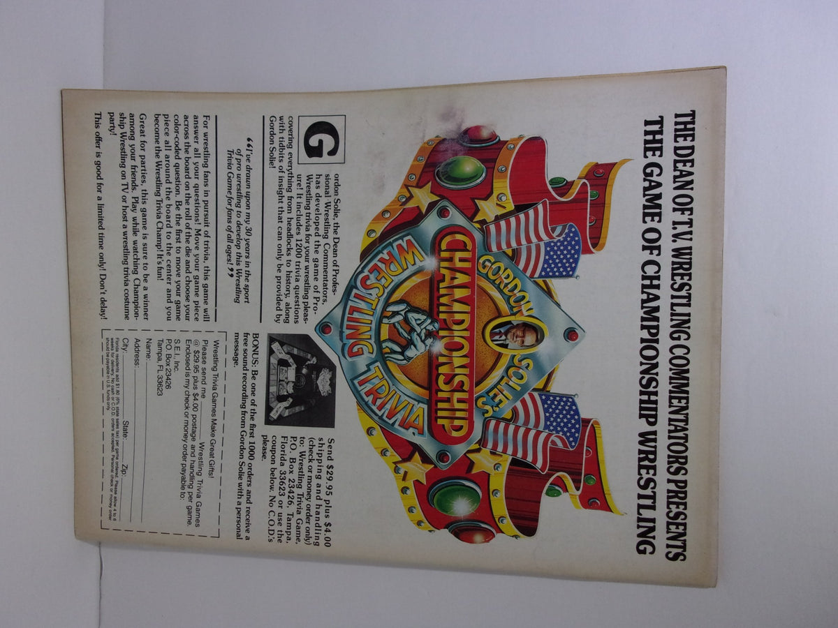 Back cover of Pro Wrestling Illustrated May 1988 Andre the Giant Magazine, showcasing a wrestling trivia game advertisement.