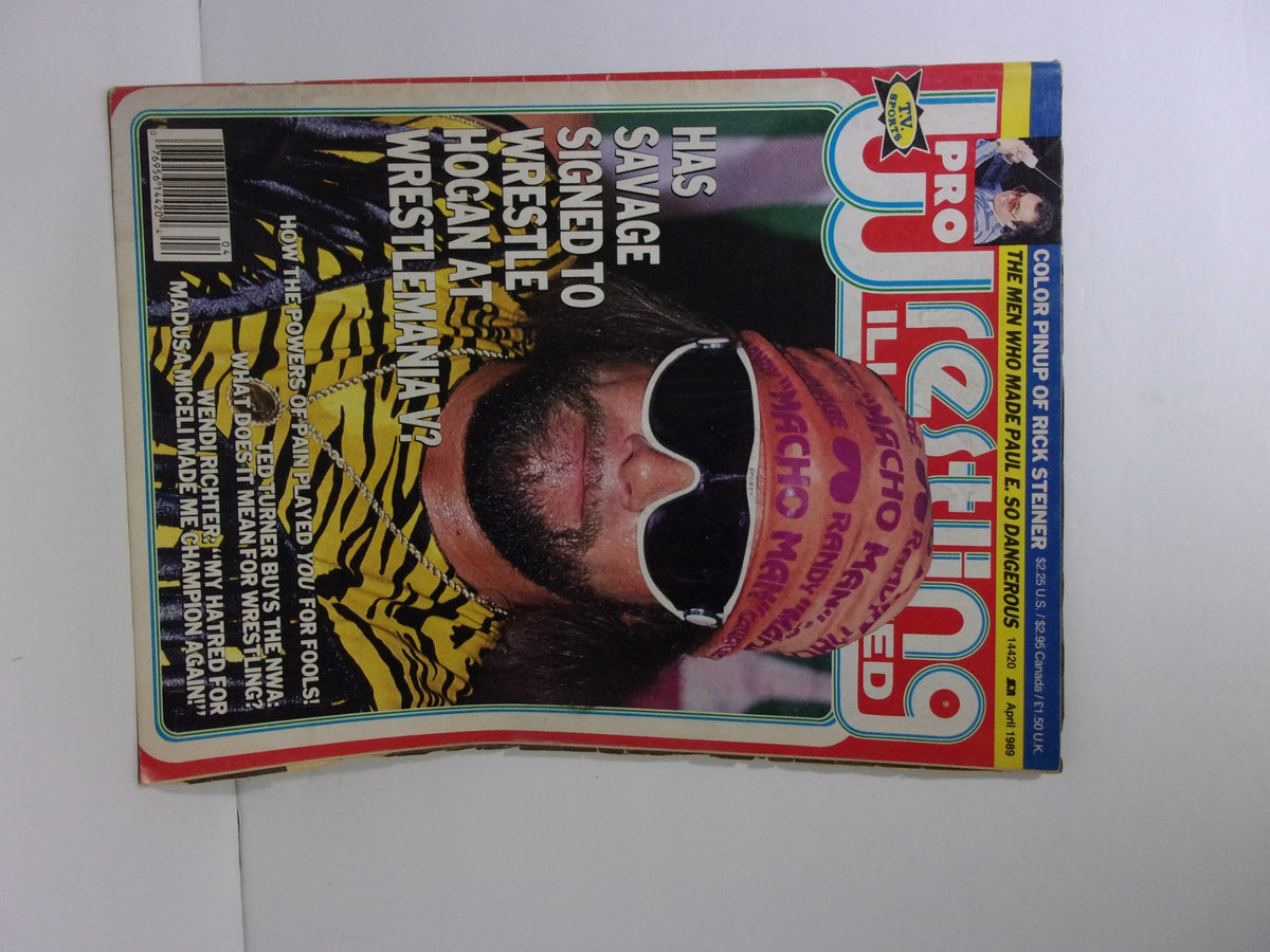 Cover of Pro Wrestling Illustrated April 1989 magazine depicting Randy Savage with a headband and sunglasses, with bold text announcing his wrestling match against Hulk Hogan at WrestleMania.