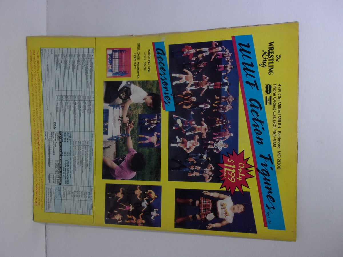Back cover of Pro Wrestling Illustrated April 1989 featuring Wendi Richter and Randy Savage, showcasing action figures and accessories available for purchase.