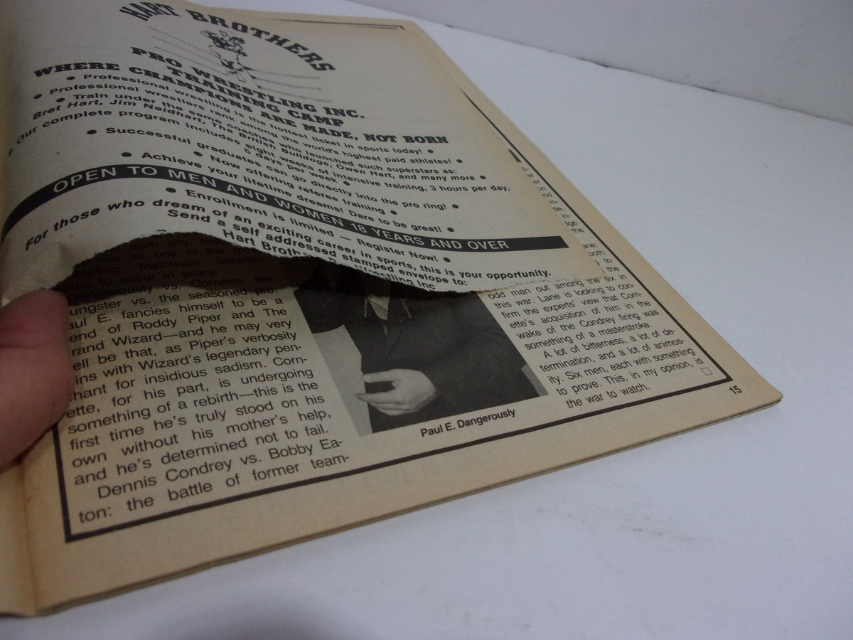 Close-up view of an open page from Pro Wrestling Illustrated April 1989, featuring wrestling training information and a promotional piece.