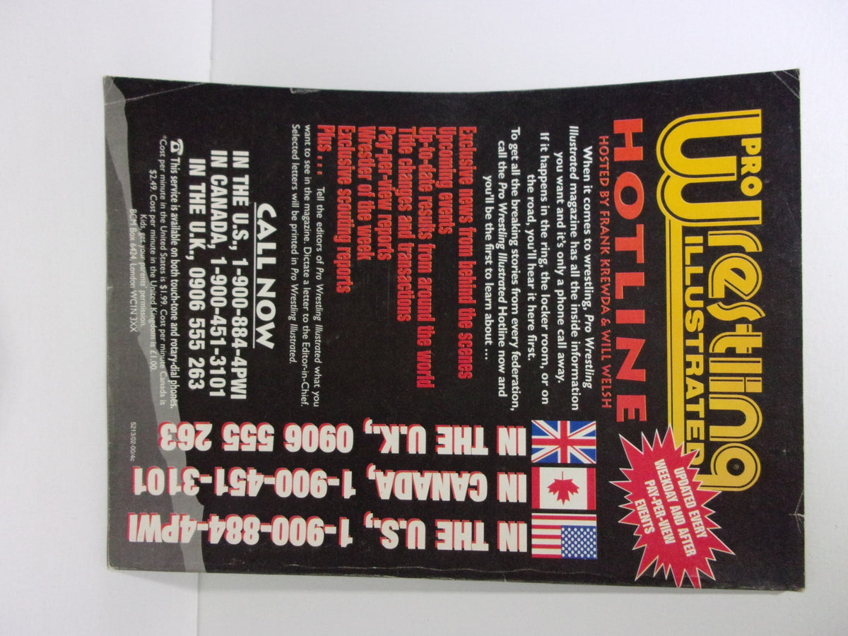 Back cover of Pro Wrestling Illustrated: The Greats of the Game with hotline details, summer 2000 issue.