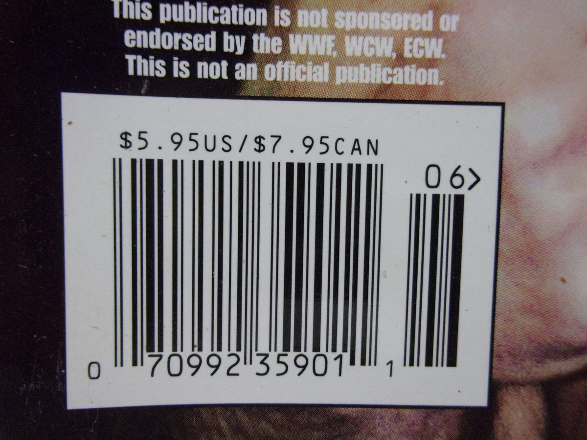 Back cover image of Wow Magazine: The Best of WCW - ECW - WWF June 1999 Vol. 1 Issue 2 displaying the barcode and publication disclaimer.