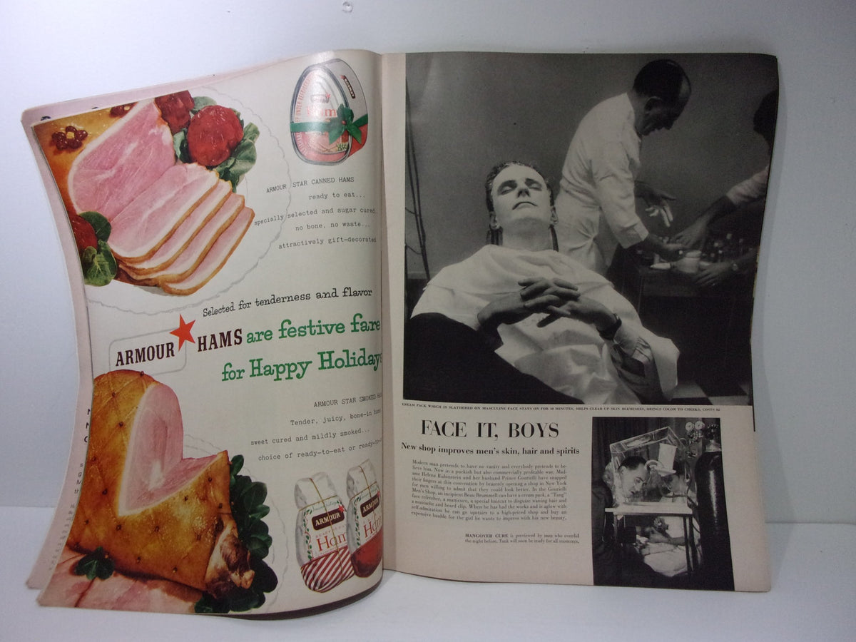 Full-page advertisement for Armour Hams from Life Magazine: December 13 1954, showcasing holiday food options and festive decorations.