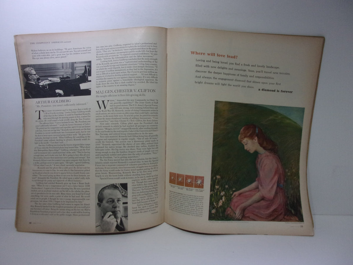 Interior page from Look Magazine: The JFK Memorial Issue, displaying articles and a painting of a woman in a pink dress.