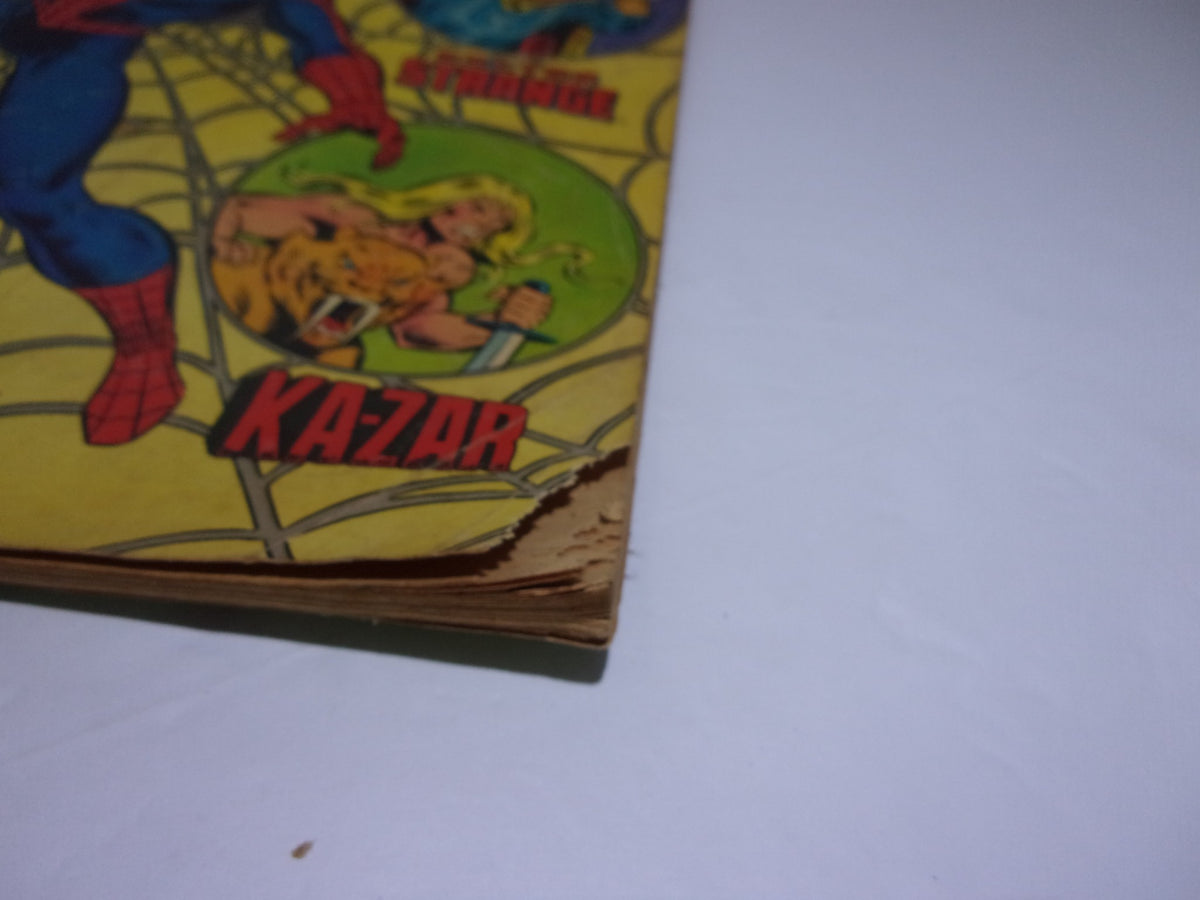 Close-up of the edge of Marvel Treasury Edition The Sensational Spider-Man #22 exhibiting some wear and tear, highlighting its vintage quality.