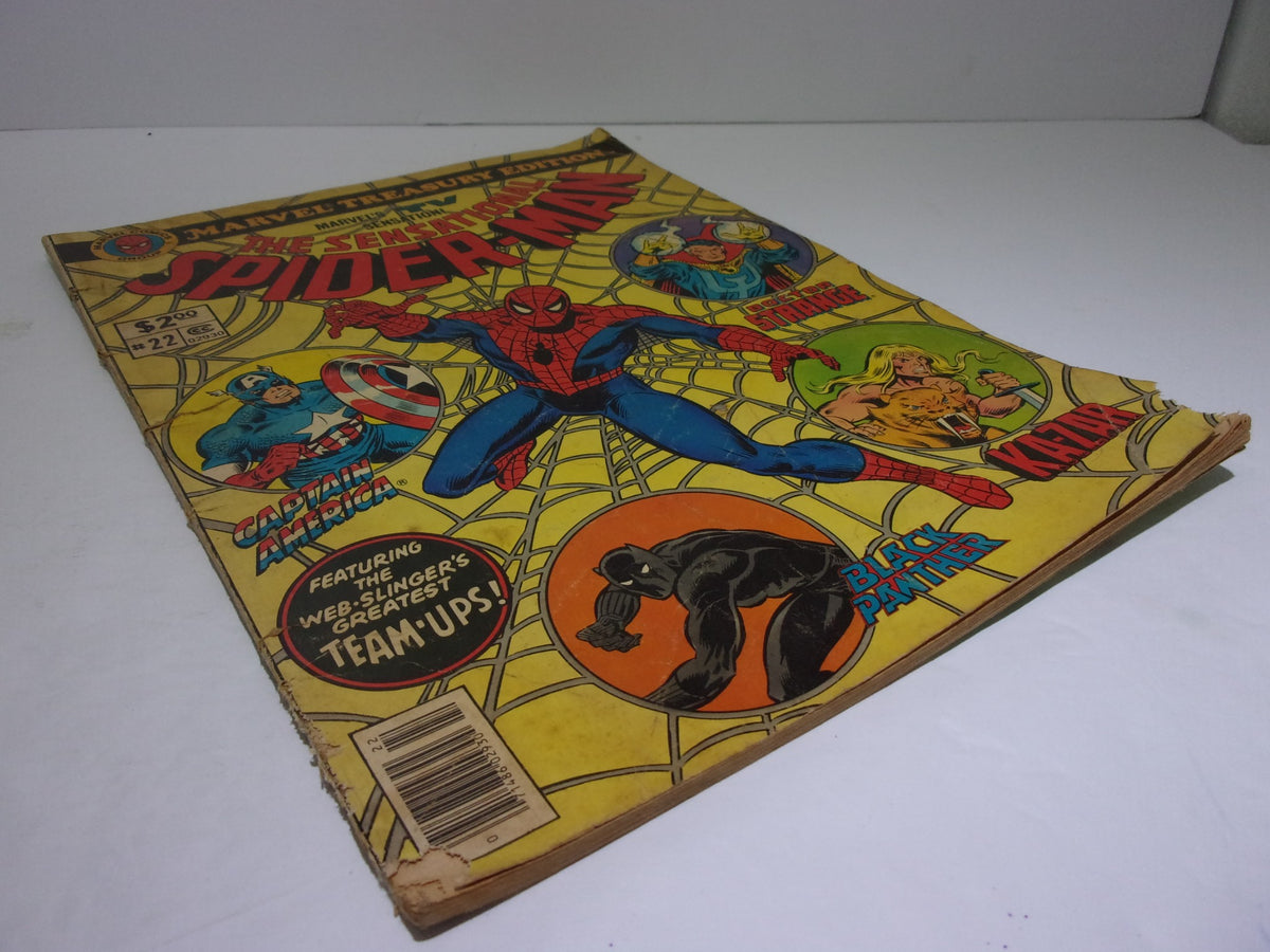 Front view of Marvel Treasury Edition The Sensational Spider-Man #22 displaying colorful characters including Spider-Man, Captain America, and Black Panther, signifying its appeal to comic collectors.