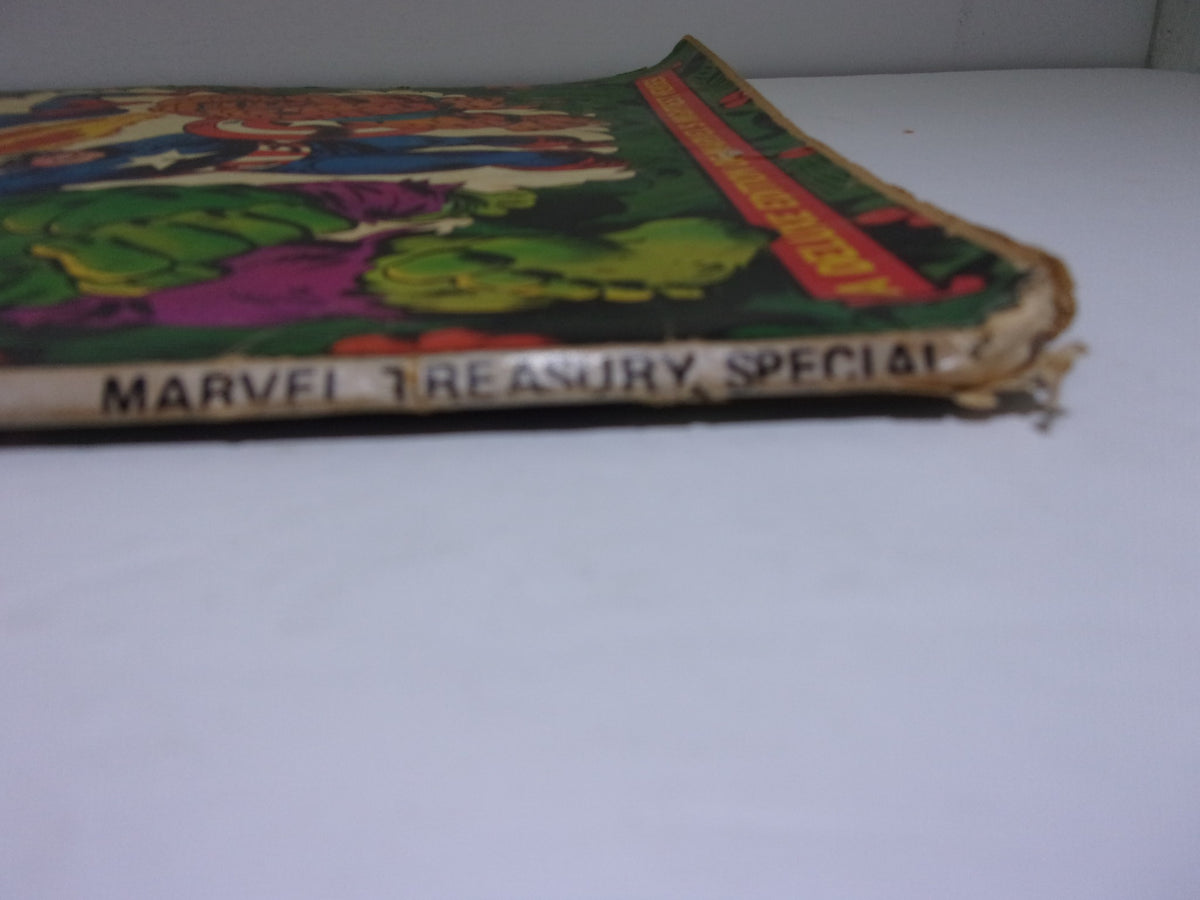 Side view of the 1974 Marvel Treasury Special Giant Superhero Holiday Grab-Bag showcasing the title and vintage quality of the magazine.