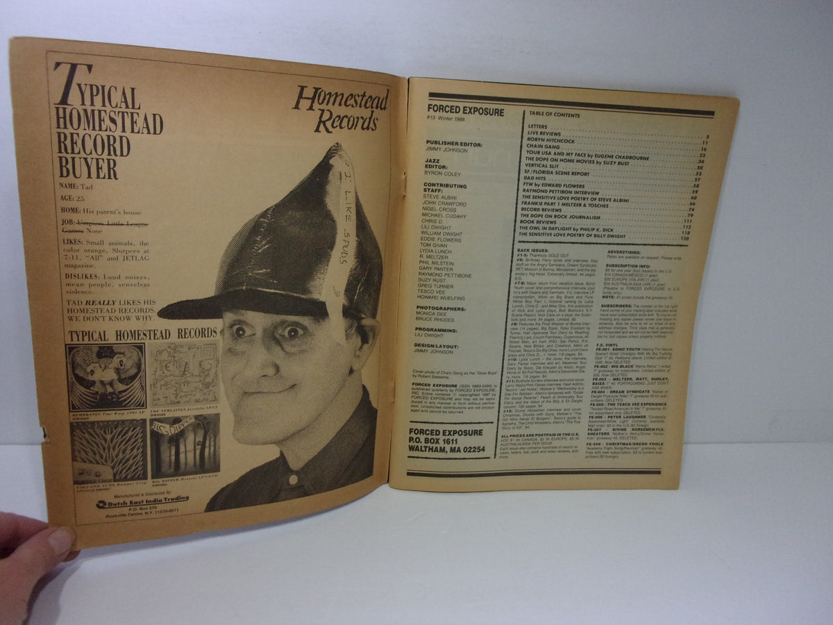 Inside page of Forced Exposure Magazine: Chain Gang, Winter 1988 #13, containing an illustrated profile titled 'Typical Homestead Record Buyer' showcasing humor and vintage design.