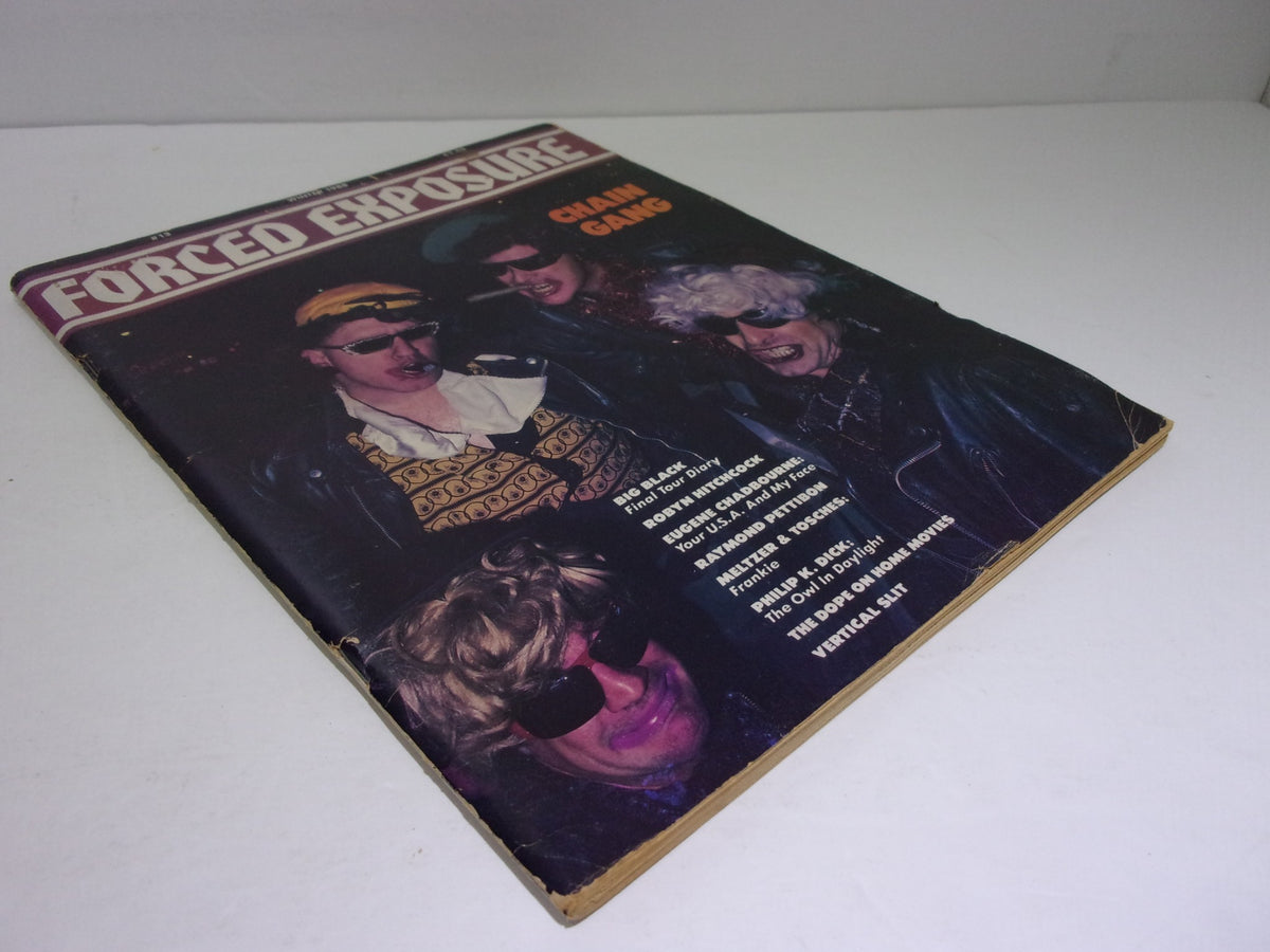 Cover of Forced Exposure Magazine: Chain Gang, Winter 1988 #13, depicting four individuals dressed in punk fashion with sunglasses and leather attire. The vibrant cover highlights the magazine's focus on alternative music culture of the late 1980s.