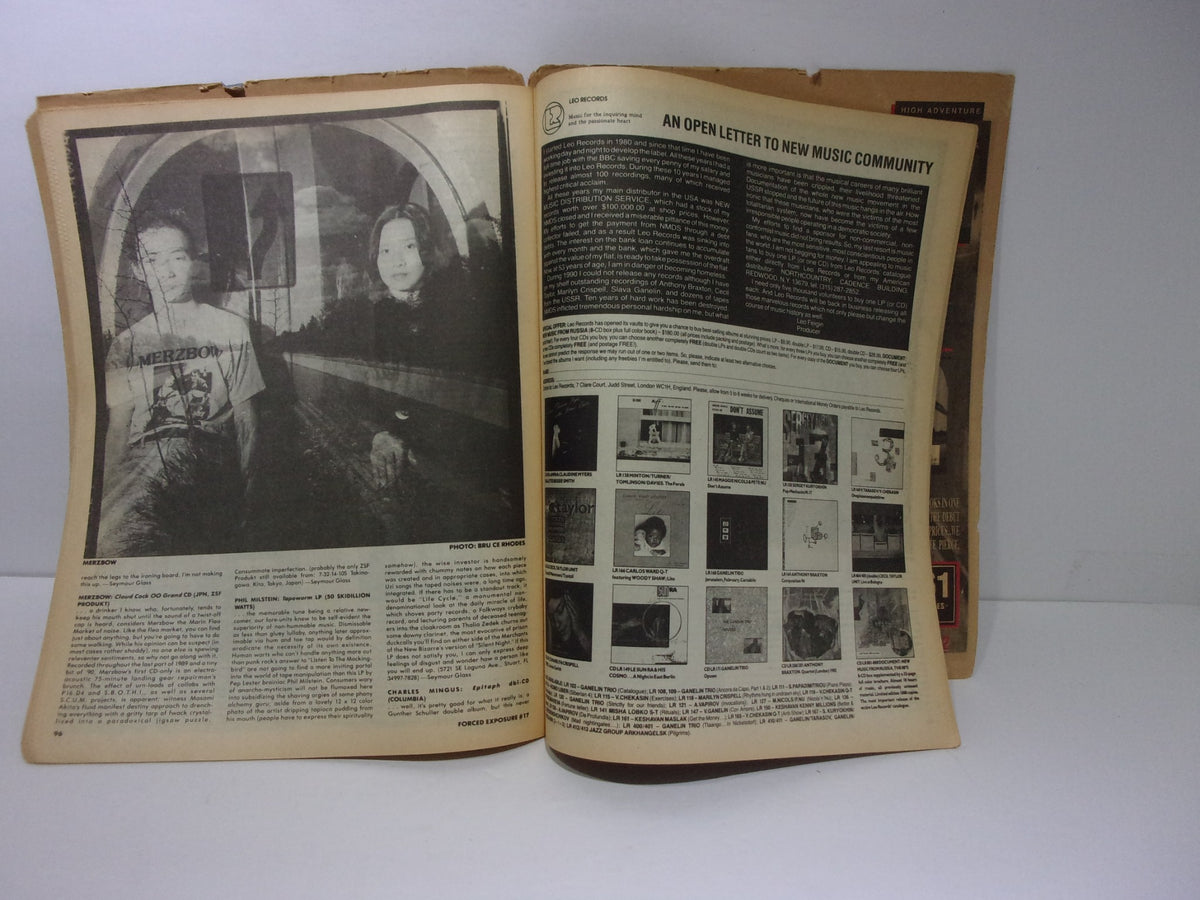 Open pages of Forced Exposure Magazine #17 illustrating an article about the music community and images related to the featured artists.