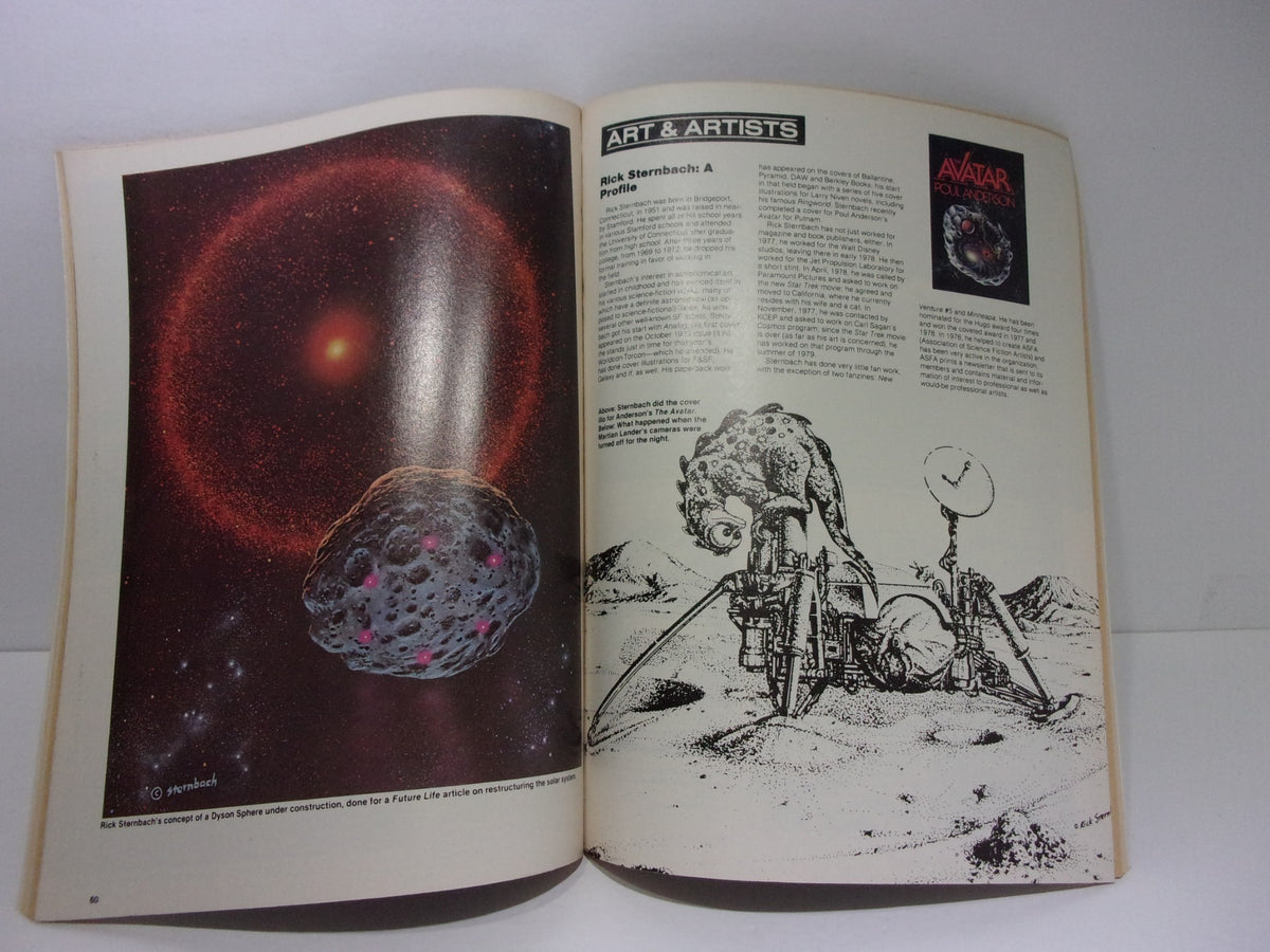 Interior page of Starlogs Science Fiction Yearbook Vol. 1 featuring artwork and article about artists, showcasing sci-fi illustrations of asteroids and planets.