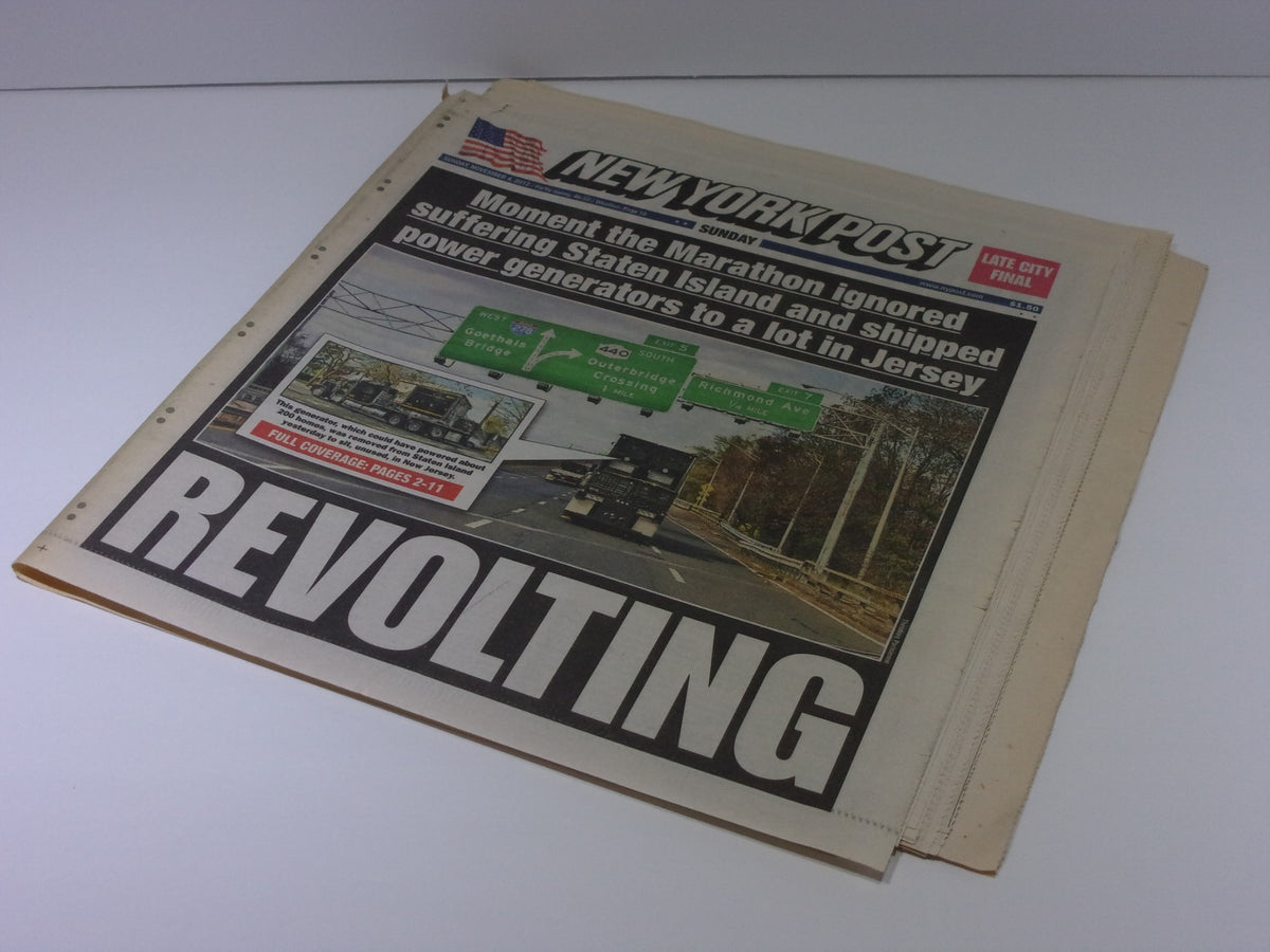New York Post December 4, 2012 headline with 'REVOLTING' emphasizing the contrast between the chaos in Staten Island and the shipment of power generators in Jersey, highlighting the newspaper's critical stance.