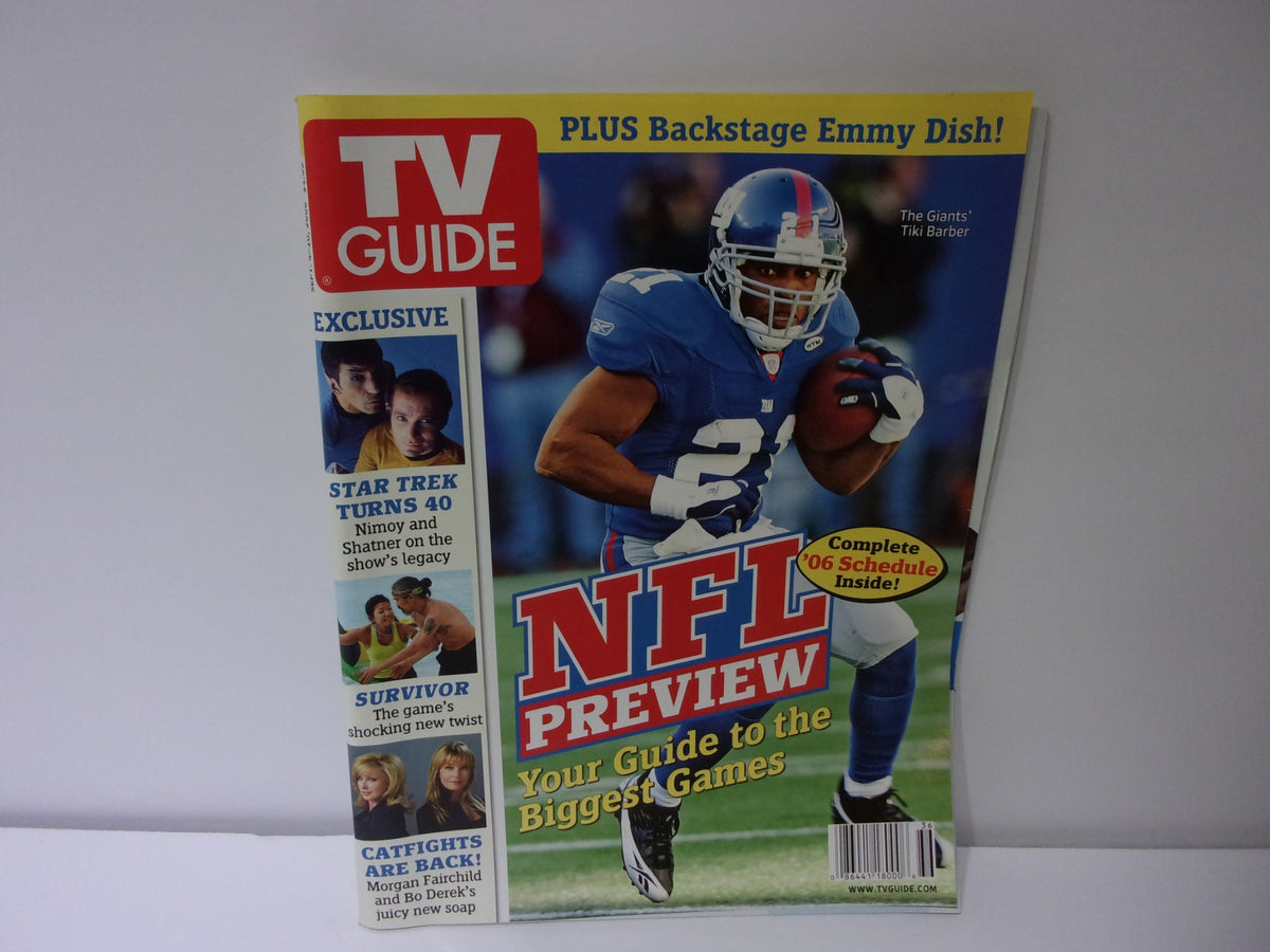 TV Guide cover from September 4-10, 2006, featuring NFL Preview on Tiki Barber of the New York Giants, showcasing sports journalism history and collectible magazine appeal.