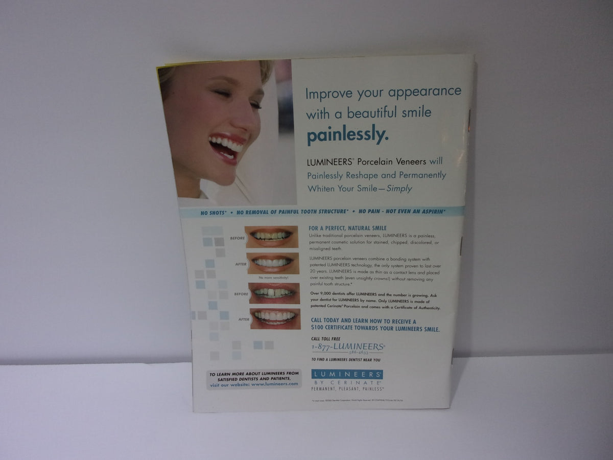 Back cover of a magazine promoting Lumineers porcelain veneers, highlighting cosmetic dental services for achieving a beautiful smile.