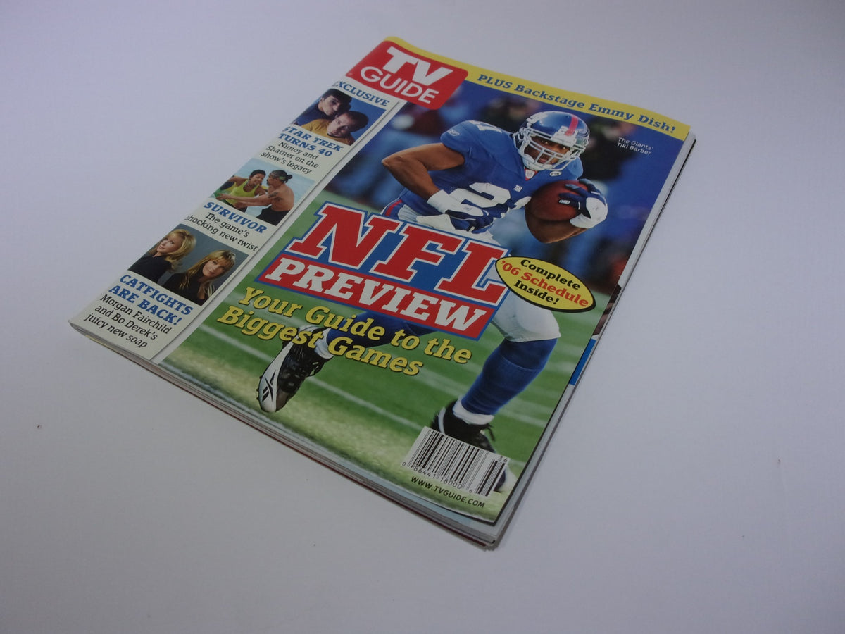 Cover of TV Guide for September 4-10, 2006, featuring NFL Preview and New York Giants player Tiki Barber on the front, showcasing sports highlights.