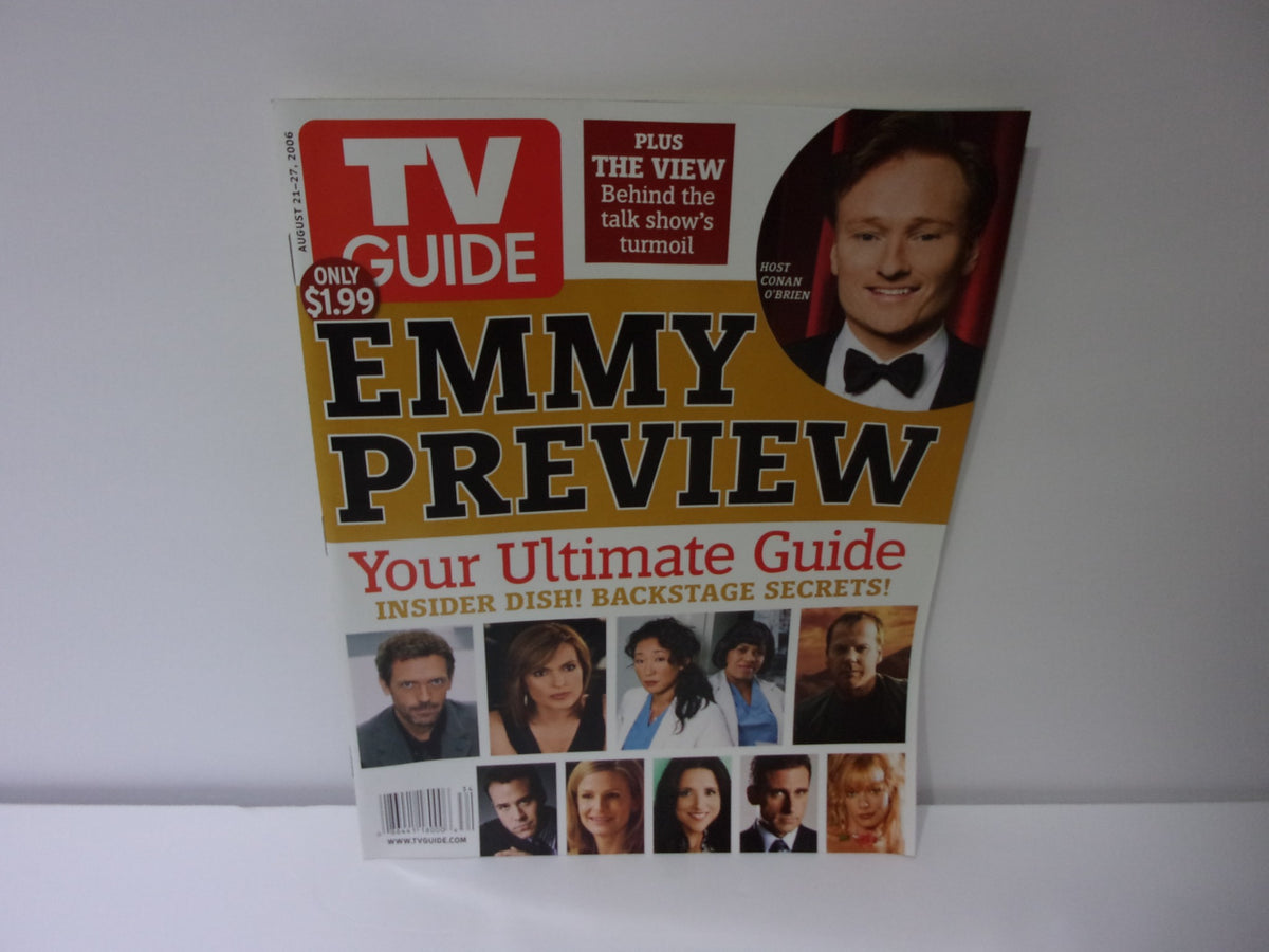 TV Guide cover for August 21-27 2006 featuring an Emmy Preview and host Conan O'Brien, showcasing various popular television show stars.