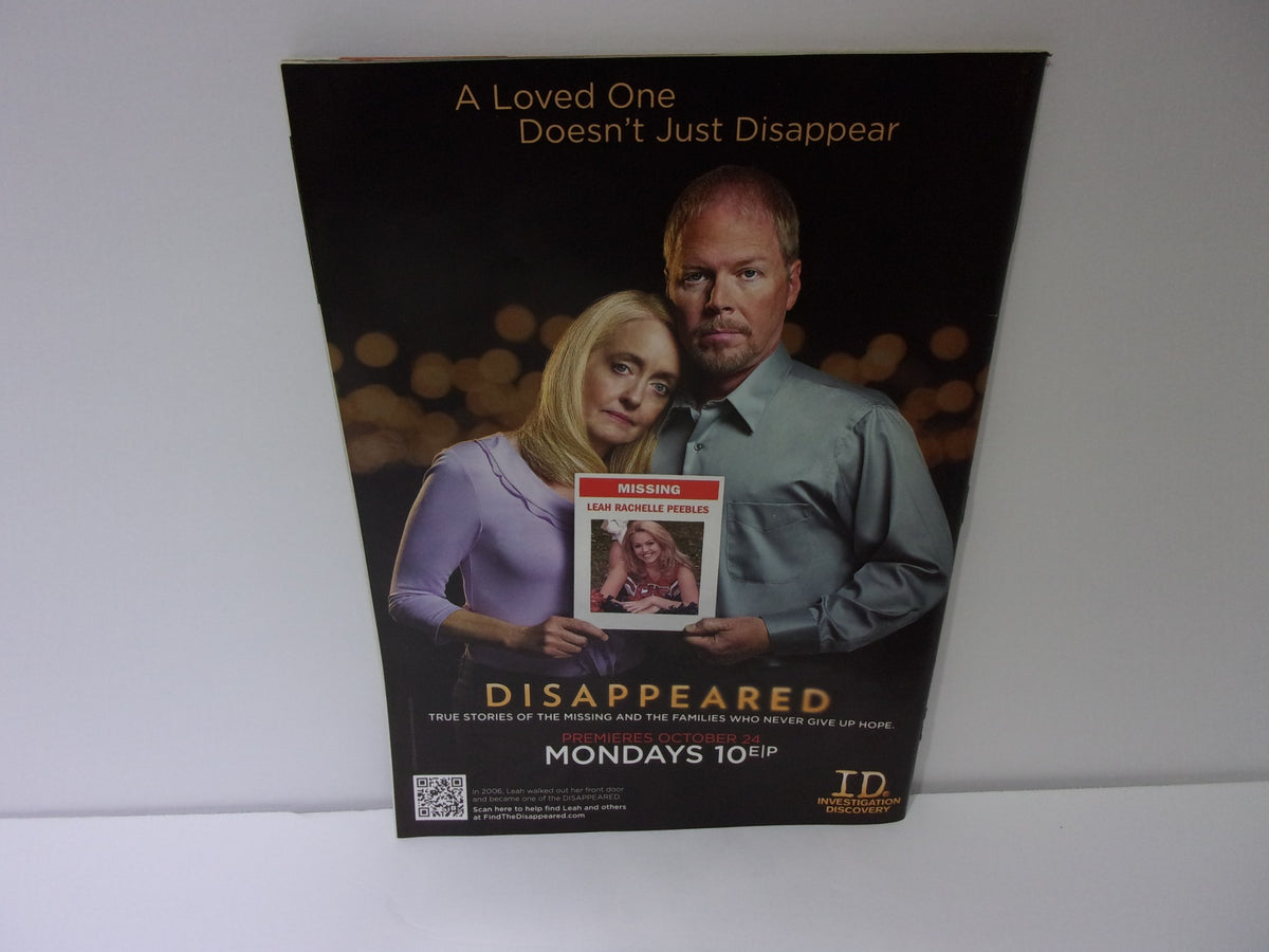 Ad for the show 'Disappeared' in the TV Guide Oct 24-Nov 6 2011 Double Issue, featuring a man and a woman holding a missing persons sign, highlighting serious themes.