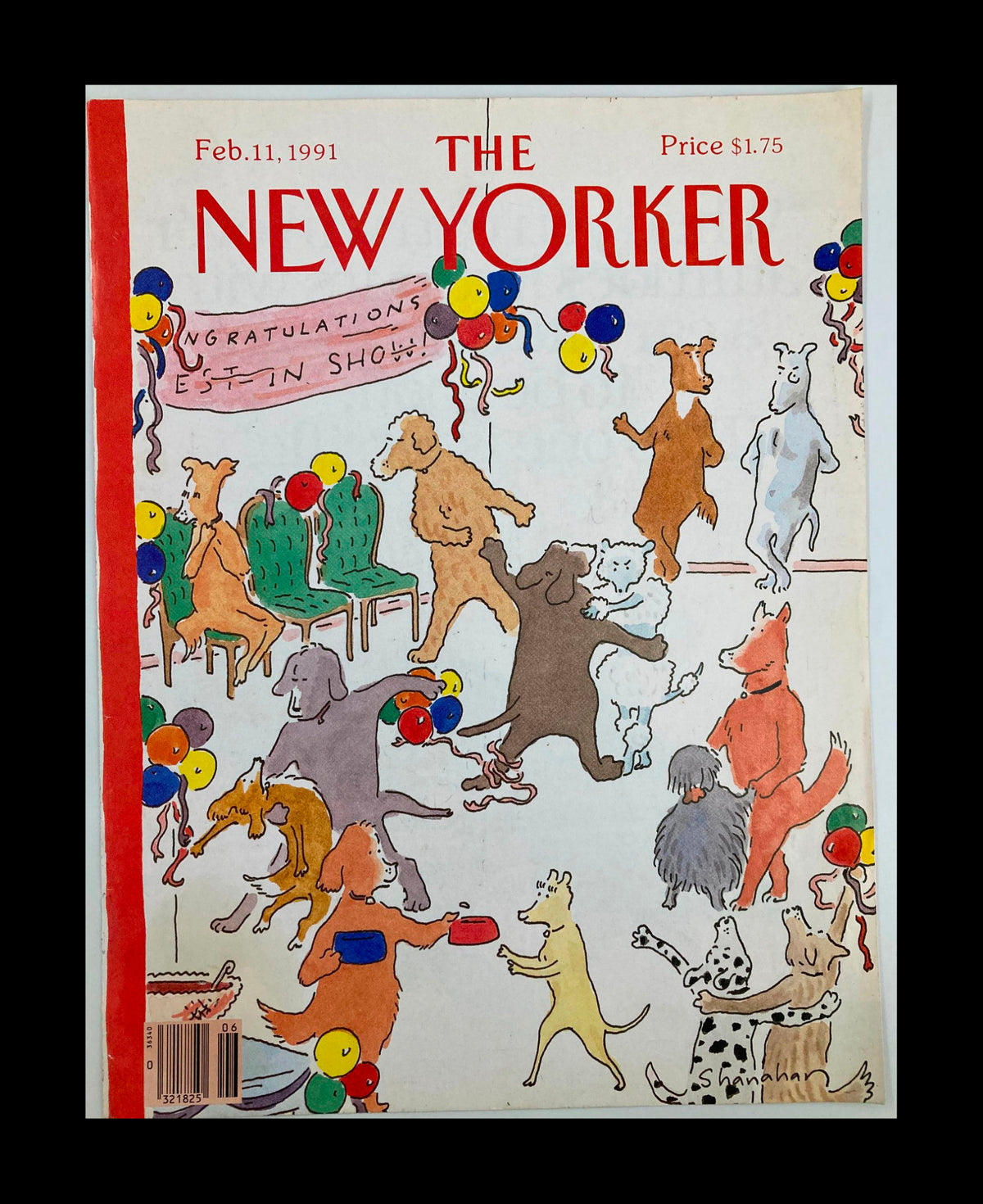 Cover of The New Yorker February 11, 1991, titled 'Congratulation Show' by Danny Shanahan featuring playful illustrations of various dogs celebrating.