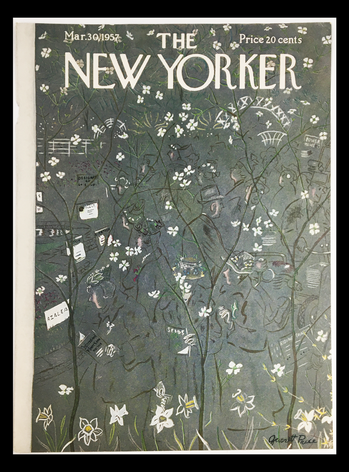 Vintage magazine cover of The New Yorker dated March 30, 1957, designed by Garrett Price, featuring a floral theme with subtle figures and elements of mid-century life.