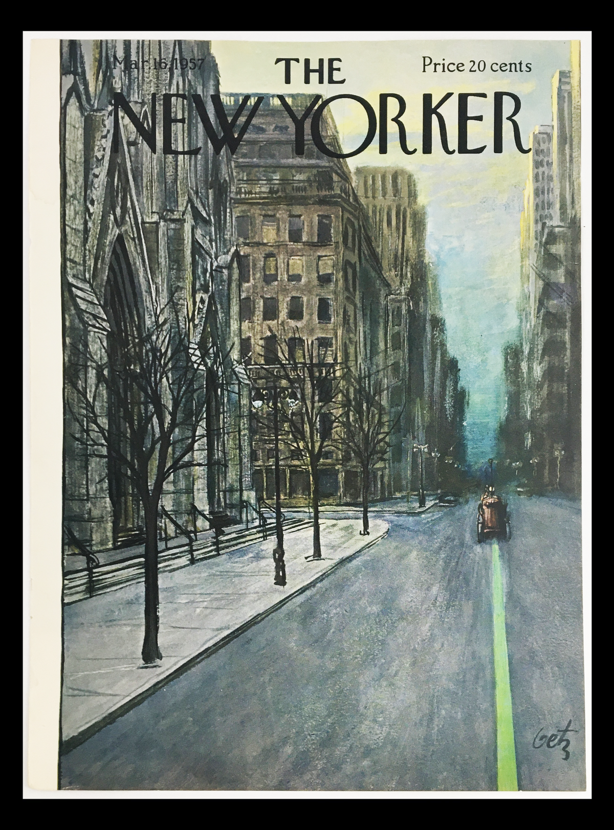 Cover of The New Yorker, March 16, 1957 featuring an artistic illustration by Arthur Getz, depicting a city street scene with buildings and trees, capturing the mood of urban life.