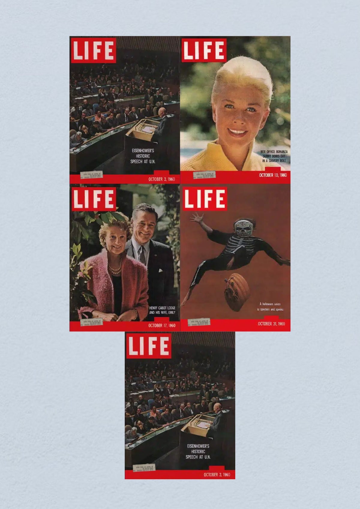 Life Magazine Lot of 5 Full Month October 1960 featuring covers from the Civil Rights Era, including Eisenhower's historic speech at the U.N., notable personalities, and cultural reflections.