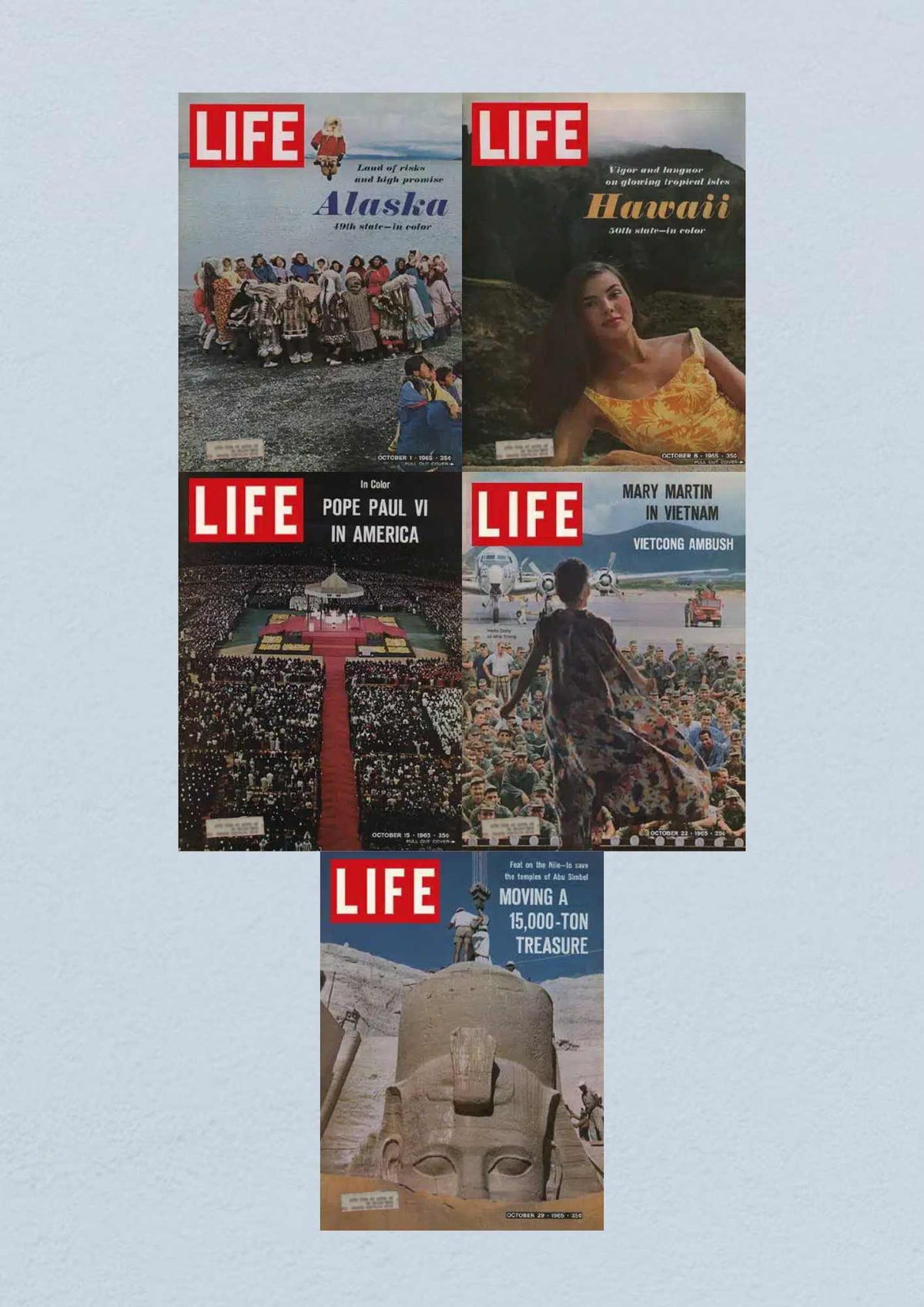 Life Magazine Lot of 5 Full Month October 1965 showing covers of Alaska, Hawaii, Pope Paul VI in America, Mary Martin in Vietnam, and Moving a 15,000-Ton Treasure.