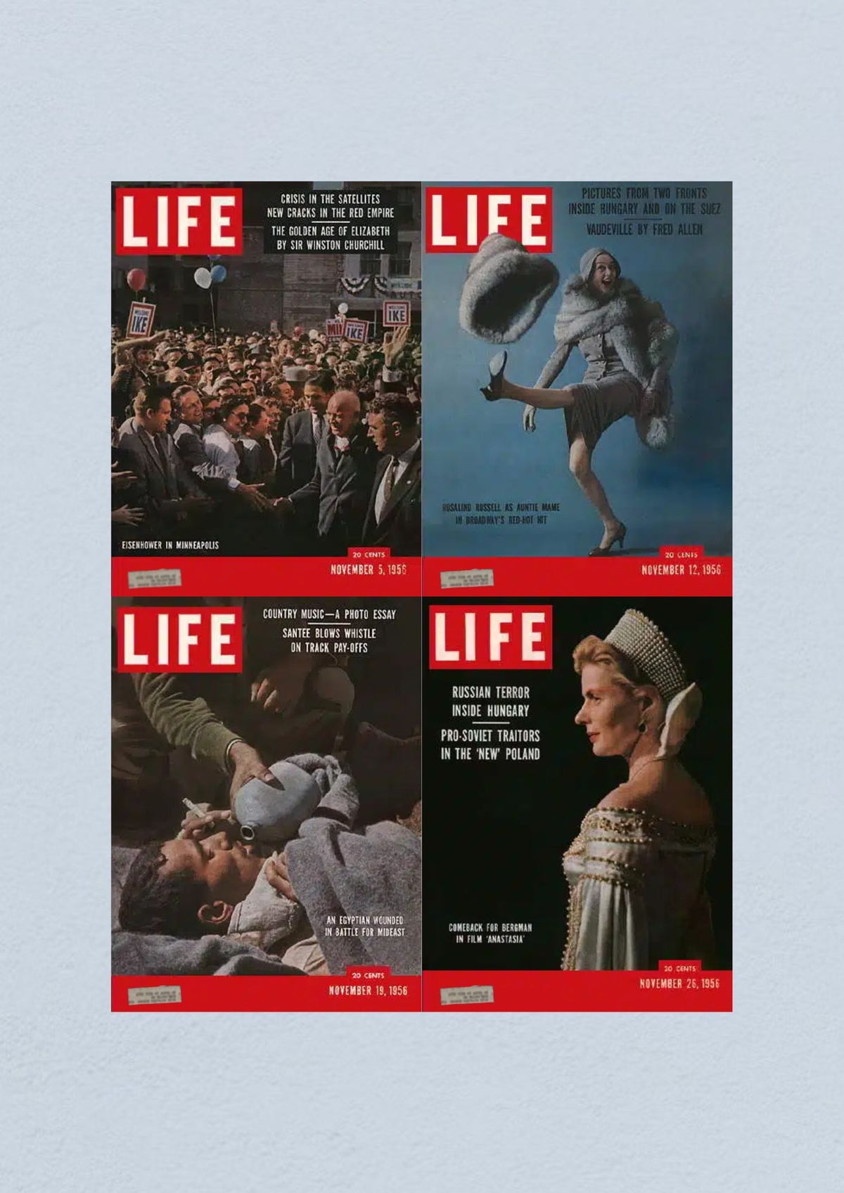 Life Magazine Lot of 4 Full Month November 1956, featuring the cover of November 26 with a portrayal of a glamorous woman.