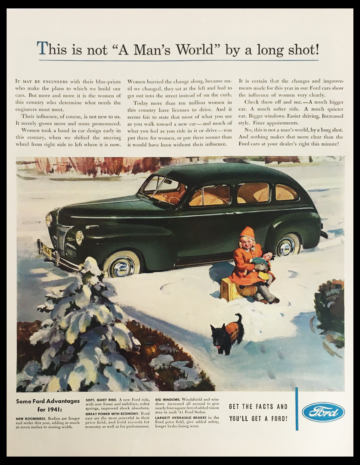 1941 Ford Super Deluxe Business Coupe Vintage Print Ad showcasing a classic 1940s automobile with a family scene in winter, emphasizing Ford's commitment to innovation and the changing role of women during the era.