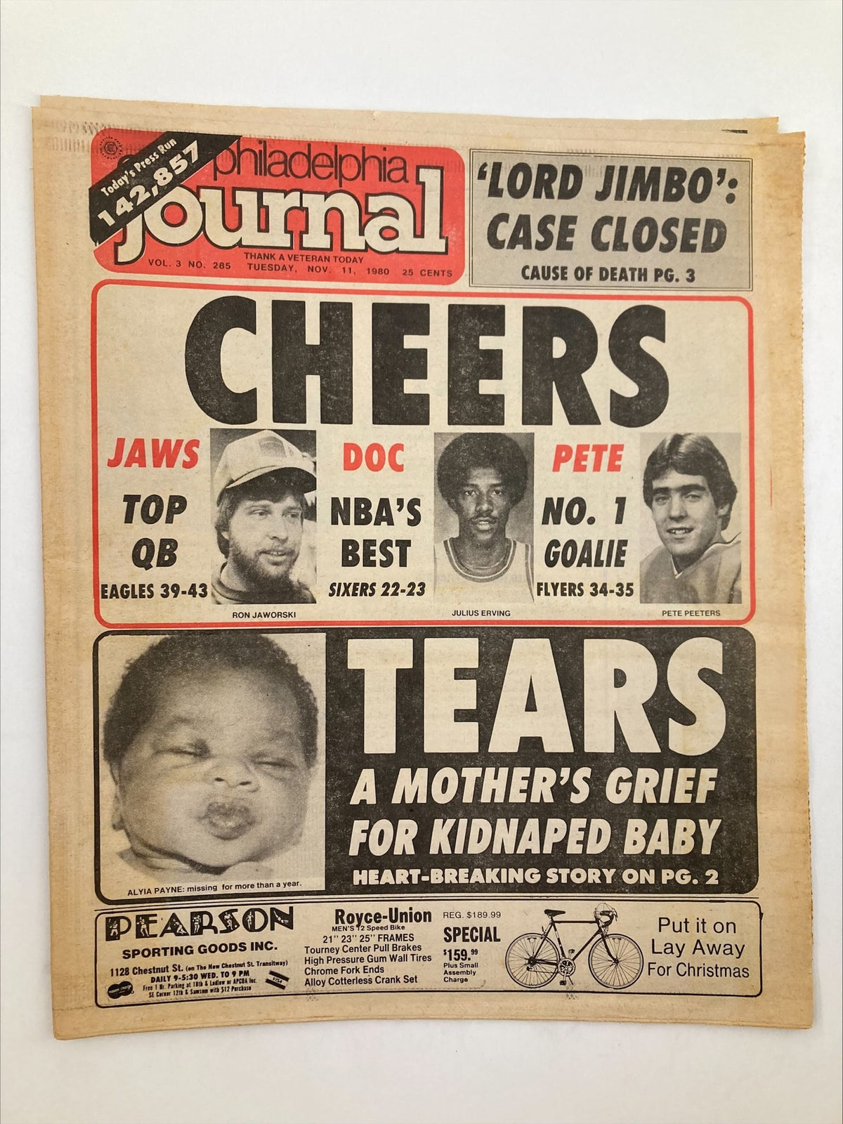 Philadelphia Journal Tabloid November 11 1980 Vol 3 #285 featuring highlights from the NBA including Julius Erving, with headlines showcasing team performance and additional articles.