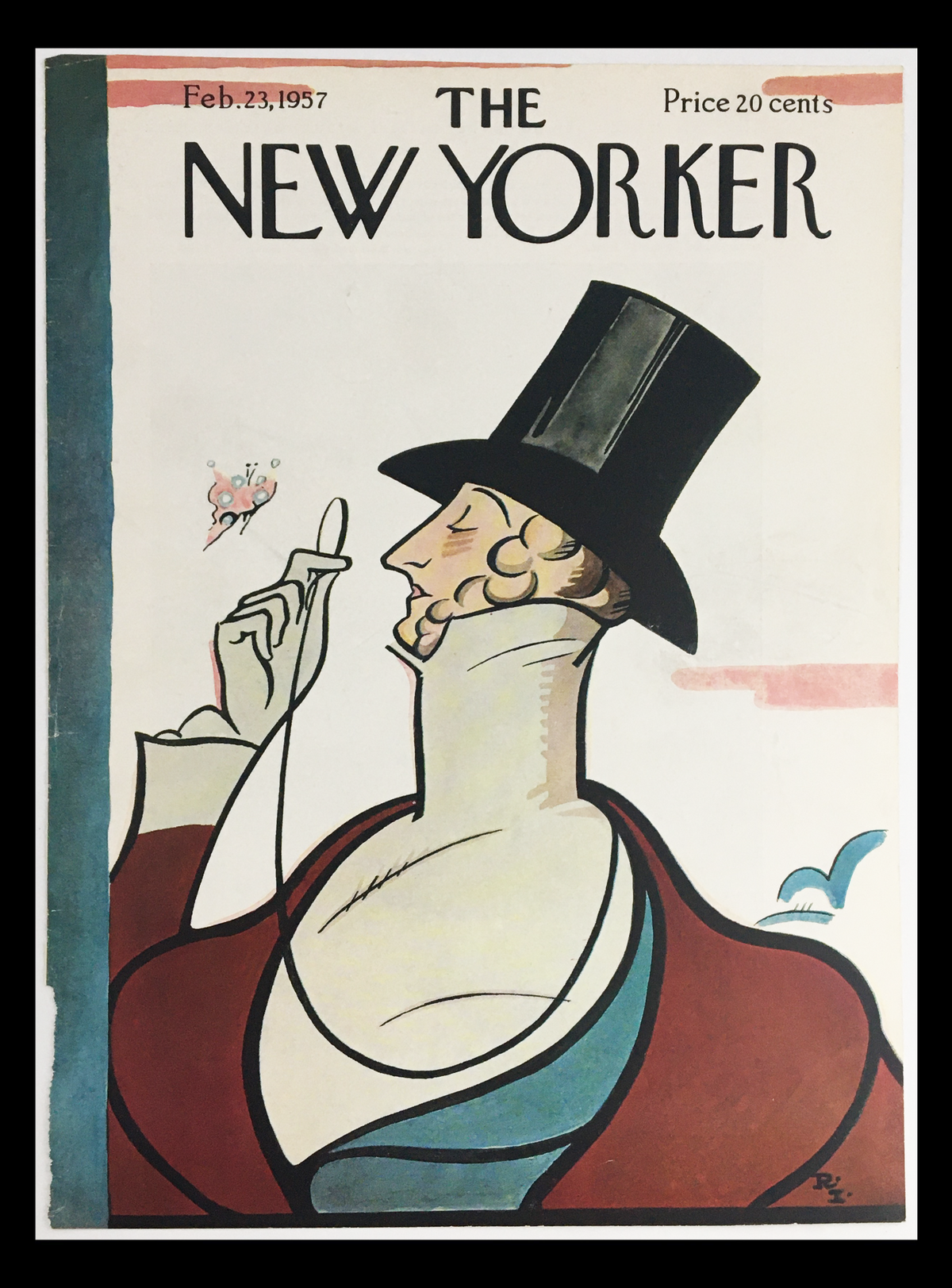 Cover art from The New Yorker February 23, 1957, featuring elegant design elements by Rea Irvin, showcasing a vintage illustration of a man in a top hat.