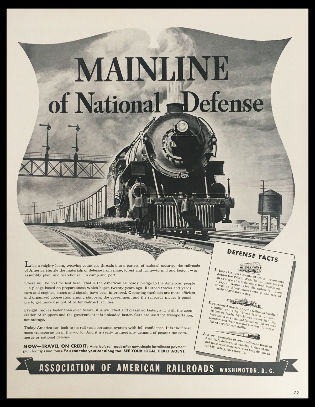 1941 Association of American Railroads Vintage Print Ad featuring a steam locomotive with train cars emphasizing national defense and rail transport efficiency.
