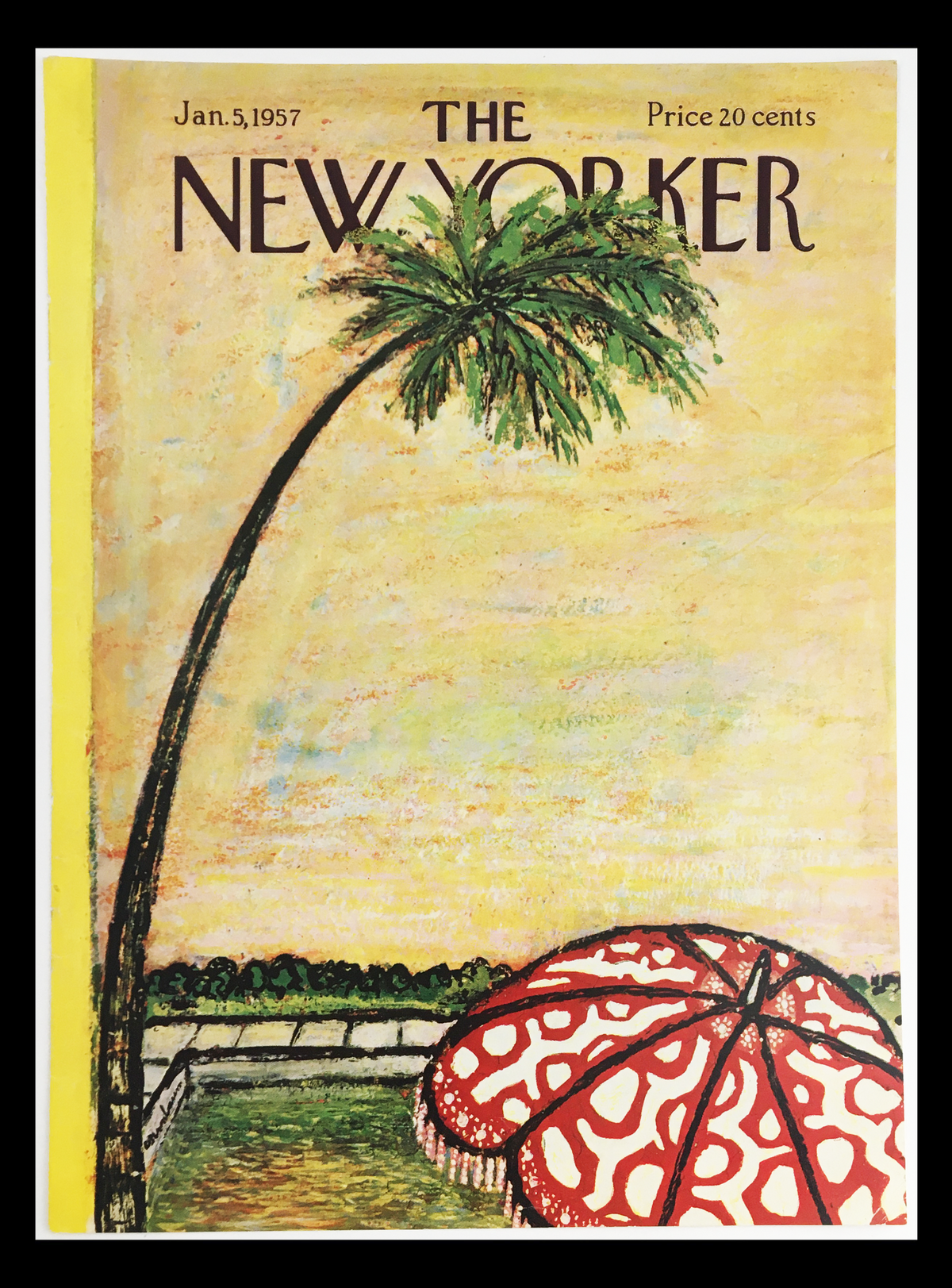Cover of The New Yorker from January 5, 1957, featuring a colorful illustration of a palm tree and a patterned beach umbrella, depicting a vibrant beach scene by Abe Birnbaum.