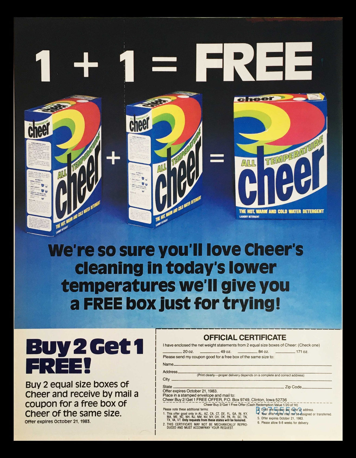 1983 Cheer All Temperature Water Detergent Circular Coupon Advertisement, featuring promotional offer 1+1=FREE, showcasing multiple boxes of Cheer detergent, excellent for low temperatures.