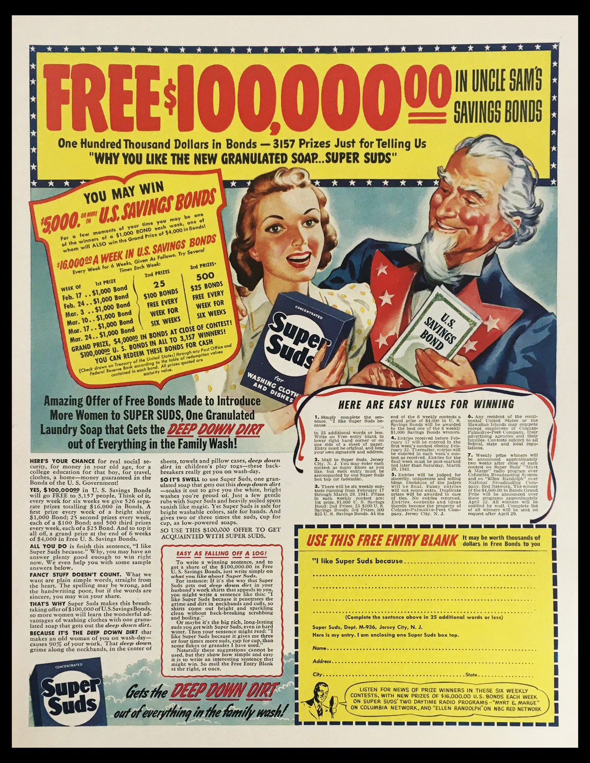 1941 Uncle Sam's Savings Bonds Laundry Soap Vintage Print Ad featuring a cheerful woman promoting 'Super Suds' laundry soap, alongside an announcement of prizes in savings bonds, showcasing a vibrant retro advertisement that captures the essence of American patriotism during WWII.