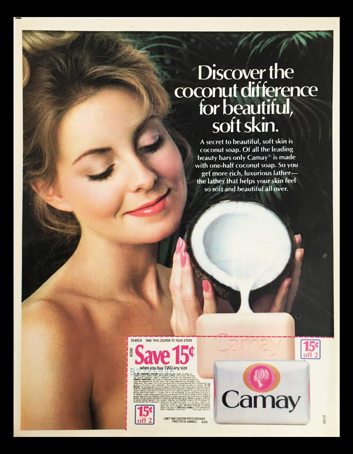 1983 Canay advertisement promoting skincare with coconut, featuring a woman applying softening cream, including a coupon for 15 cents off.